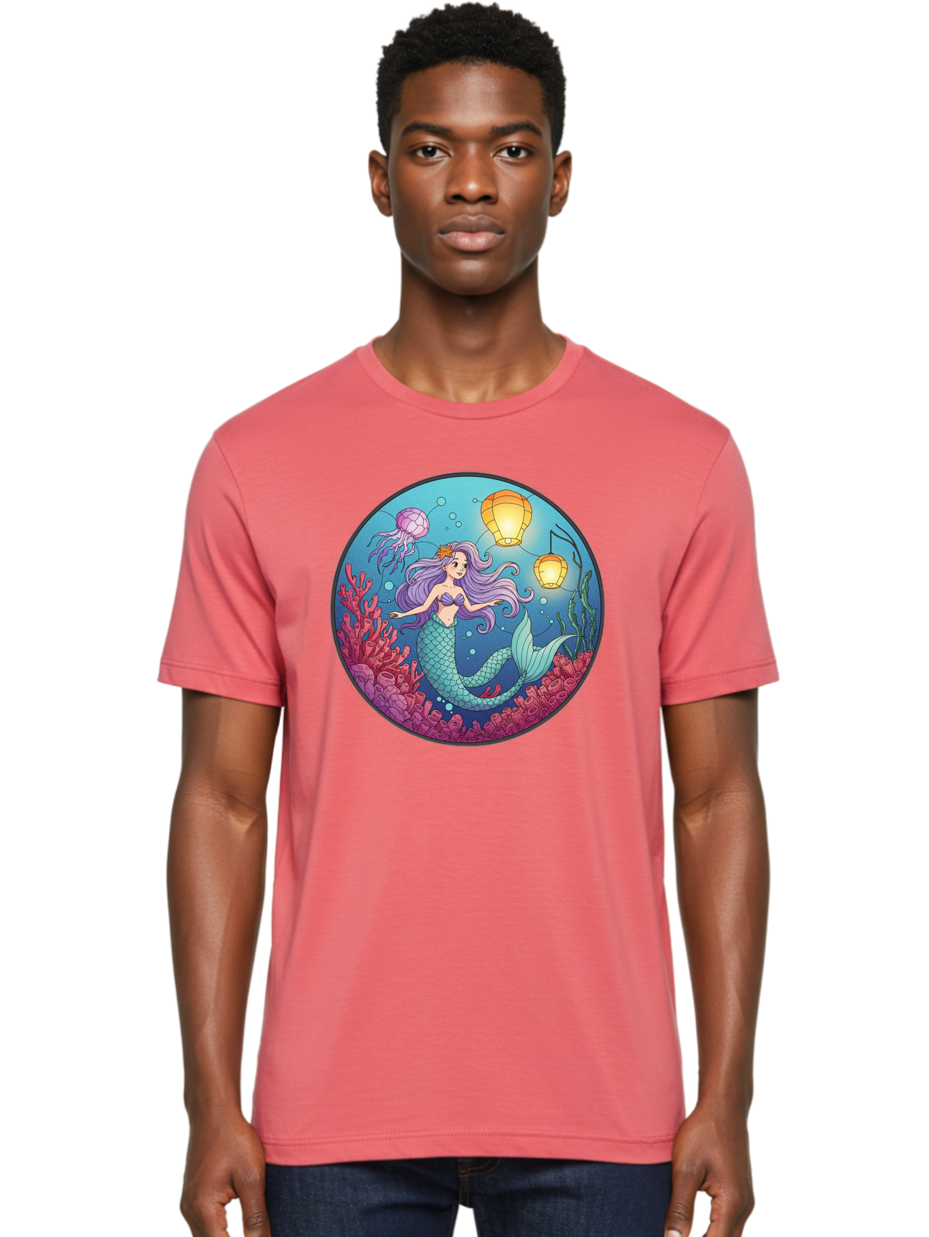 Mermaid-With-Lanterns-1 Men'S Graphic Tee, 100% Cotton, Comfortable Casual Summer Wear, Machine Washable, Vintage Camera, Old Camera, Antique Camera, Black Camera, Classic Photography, Photography Equipment, Nostalgic Device, Film Camera, Baj112