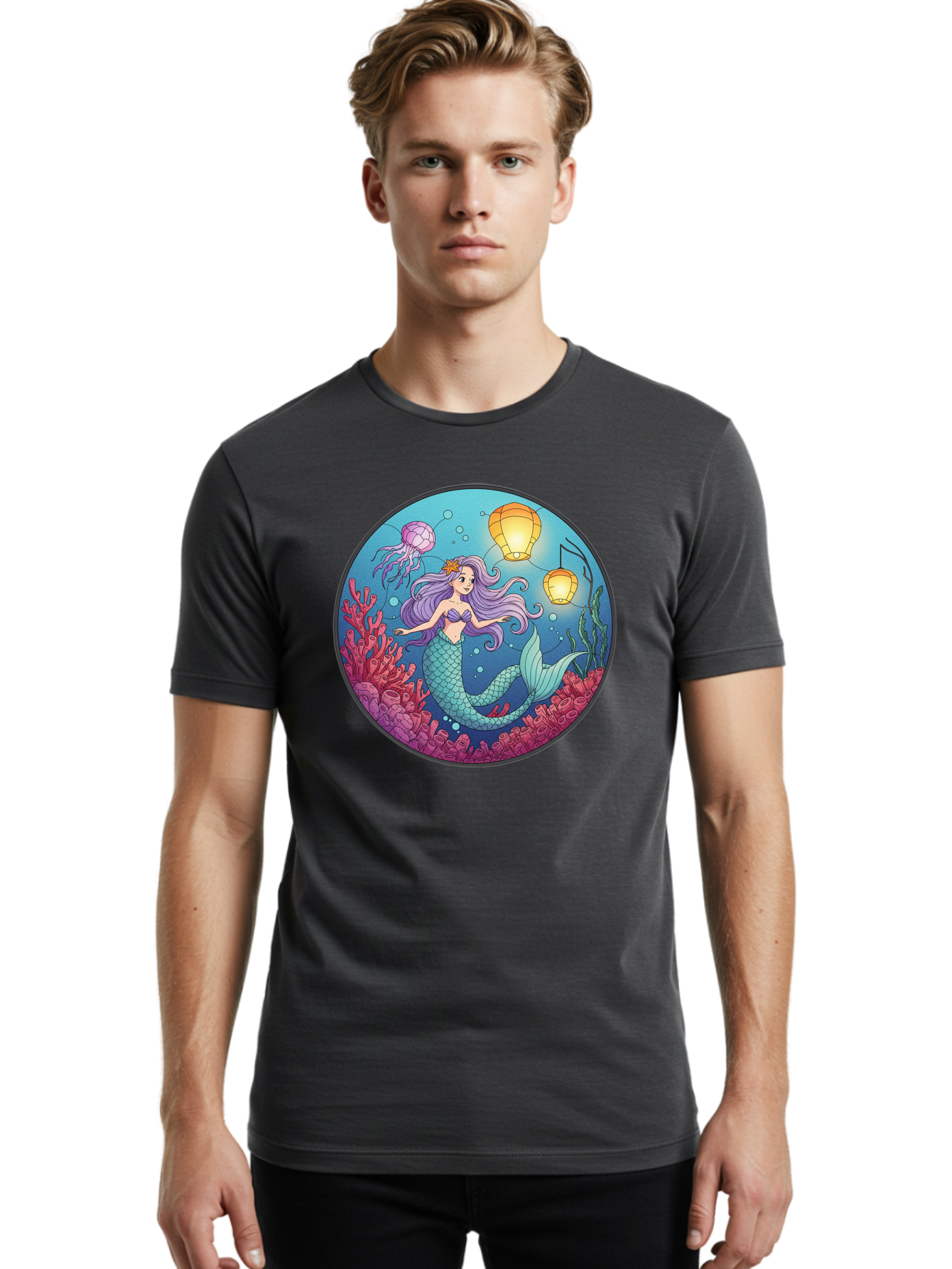 Mermaid-With-Lanterns-1 Men'S Graphic Tee, 100% Cotton, Comfortable Casual Summer Wear, Machine Washable, Vintage Camera, Old Camera, Antique Camera, Black Camera, Classic Photography, Photography Equipment, Nostalgic Device, Film Camera, Baj112