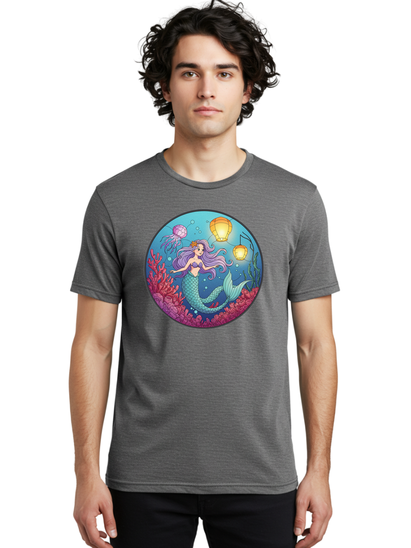 Mermaid-With-Lanterns-1 Men'S Graphic Tee, 100% Cotton, Comfortable Casual Summer Wear, Machine Washable, Vintage Camera, Old Camera, Antique Camera, Black Camera, Classic Photography, Photography Equipment, Nostalgic Device, Film Camera, Baj112