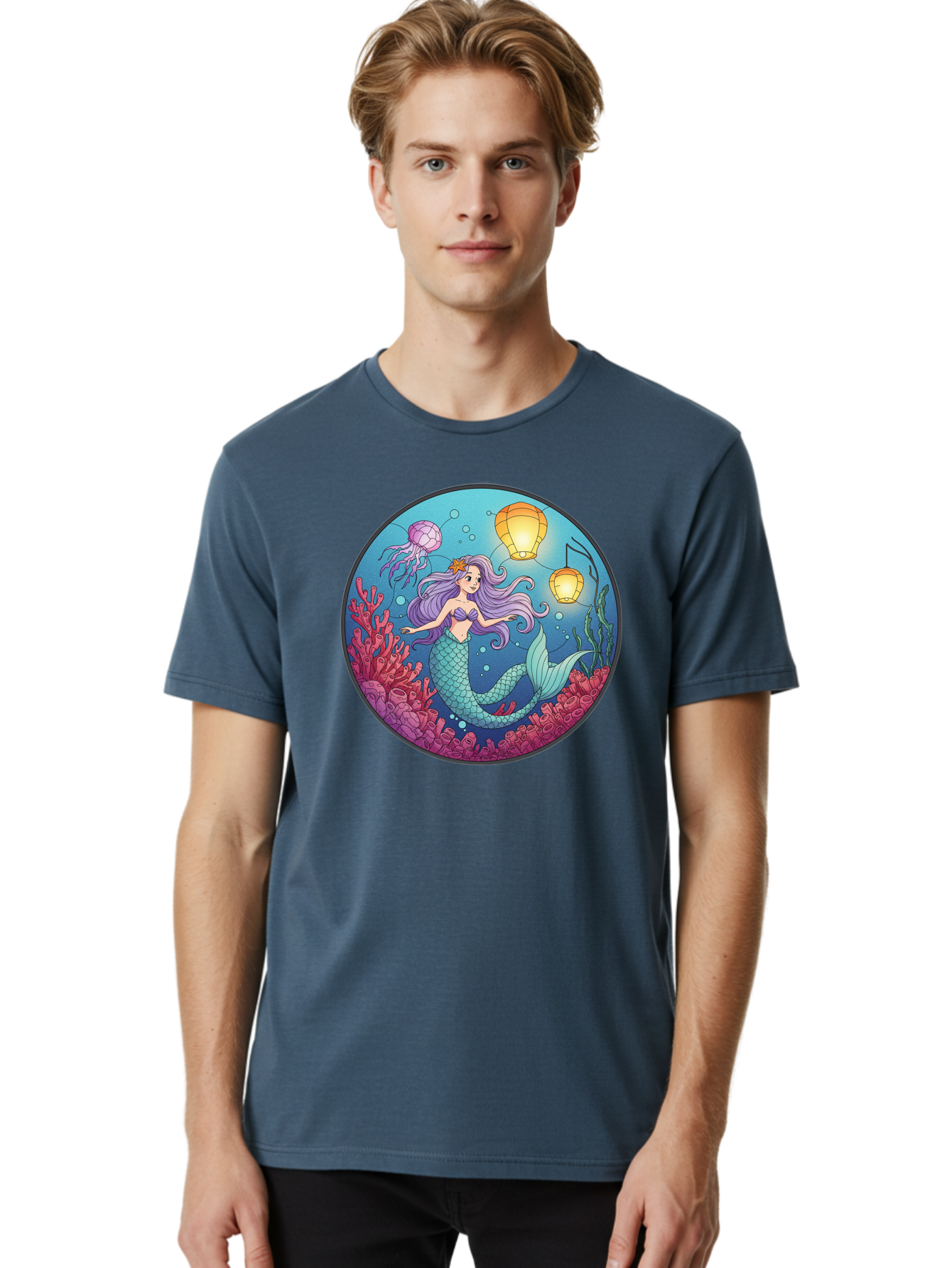 Mermaid-With-Lanterns-1 Men'S Graphic Tee, 100% Cotton, Comfortable Casual Summer Wear, Machine Washable, Vintage Camera, Old Camera, Antique Camera, Black Camera, Classic Photography, Photography Equipment, Nostalgic Device, Film Camera, Baj112