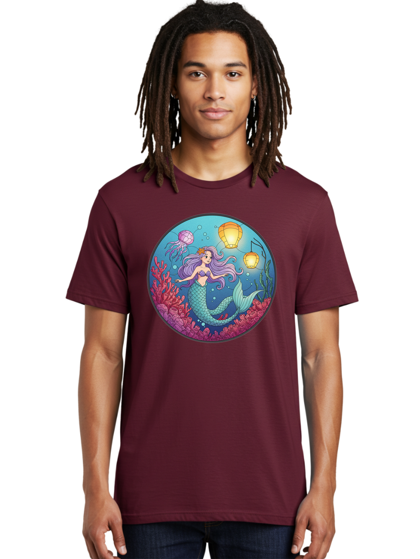 Mermaid-With-Lanterns-1 Men'S Graphic Tee, 100% Cotton, Comfortable Casual Summer Wear, Machine Washable, Vintage Camera, Old Camera, Antique Camera, Black Camera, Classic Photography, Photography Equipment, Nostalgic Device, Film Camera, Baj112