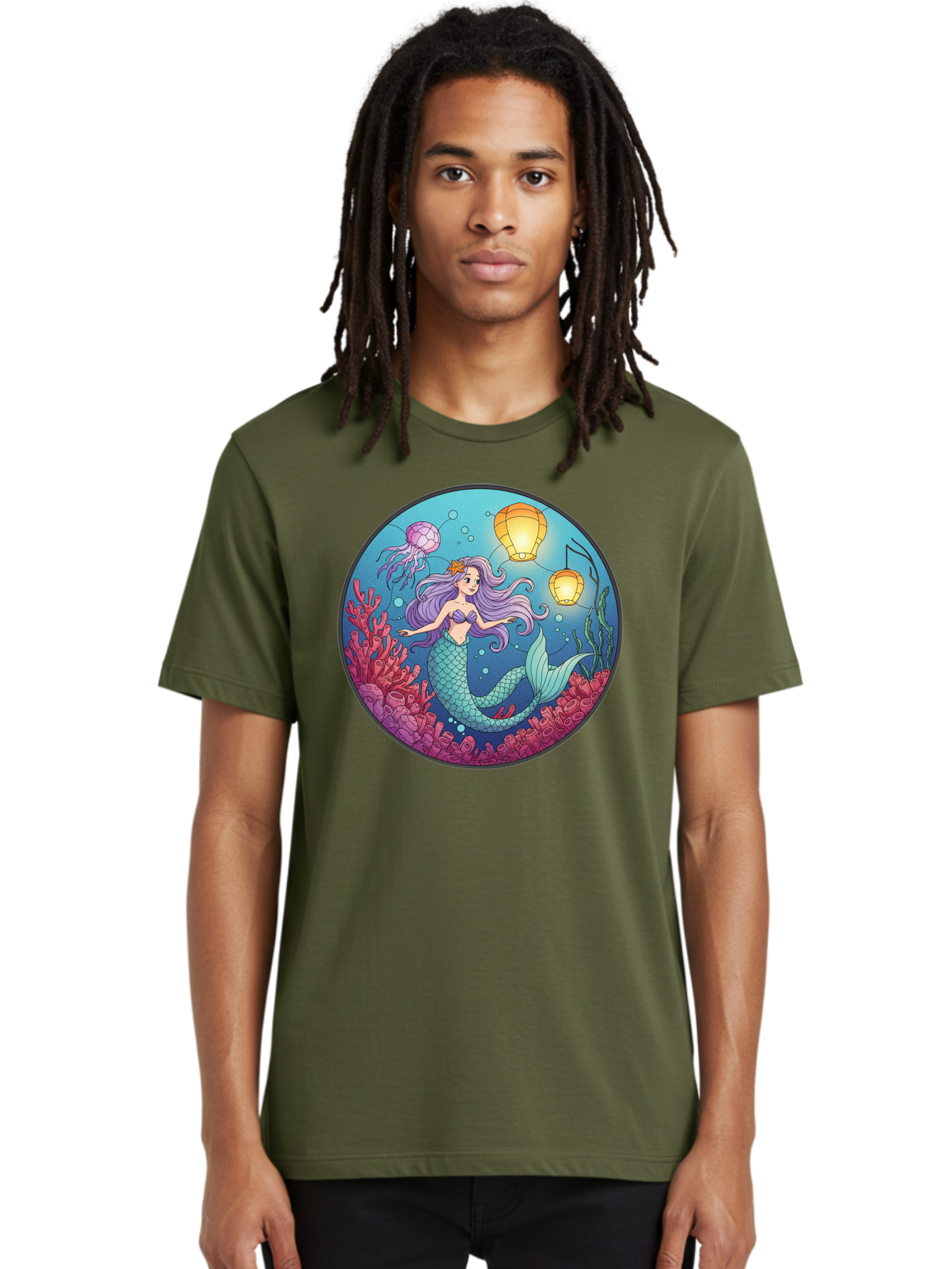 Mermaid-With-Lanterns-1 Men'S Graphic Tee, 100% Cotton, Comfortable Casual Summer Wear, Machine Washable, Vintage Camera, Old Camera, Antique Camera, Black Camera, Classic Photography, Photography Equipment, Nostalgic Device, Film Camera, Baj112