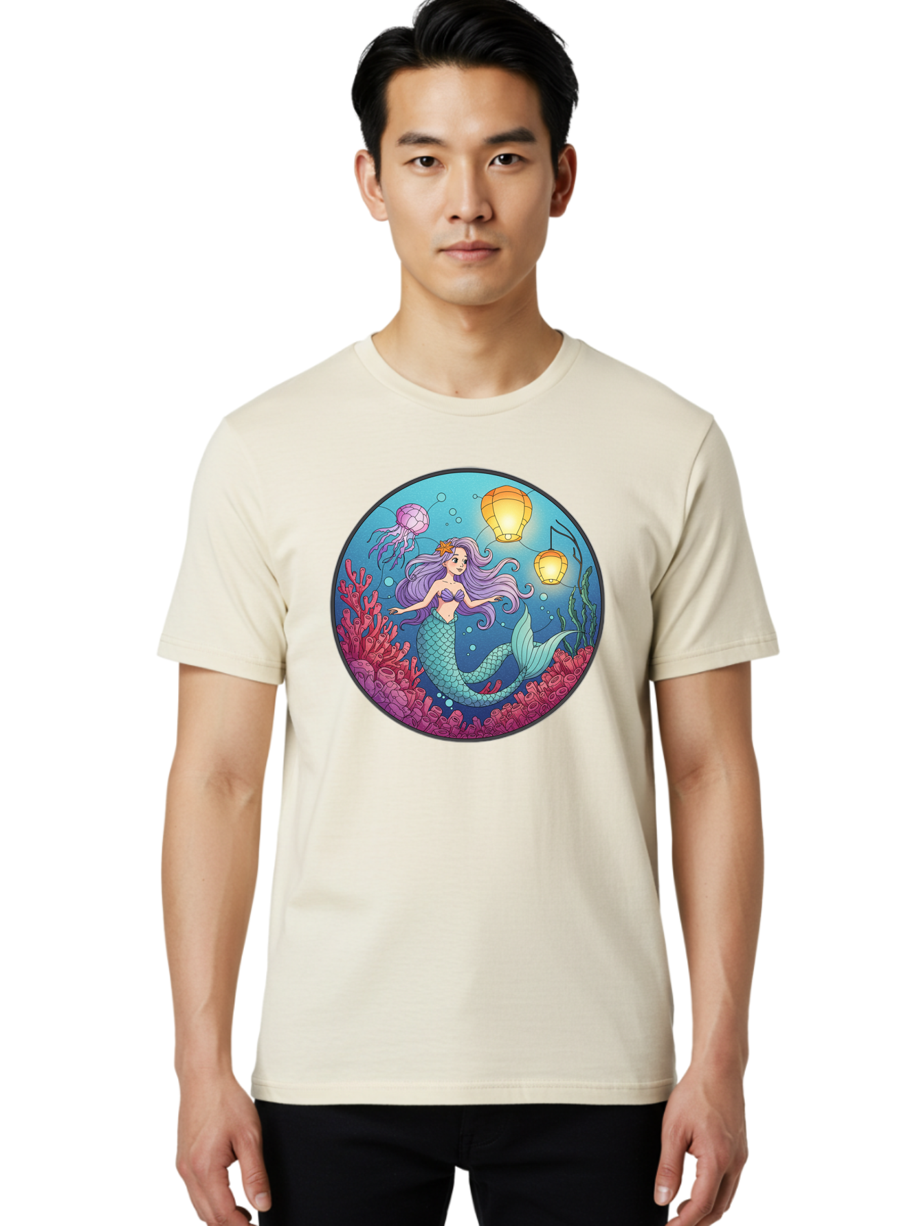 Mermaid-With-Lanterns-1 Men'S Graphic Tee, 100% Cotton, Comfortable Casual Summer Wear, Machine Washable, Vintage Camera, Old Camera, Antique Camera, Black Camera, Classic Photography, Photography Equipment, Nostalgic Device, Film Camera, Baj112