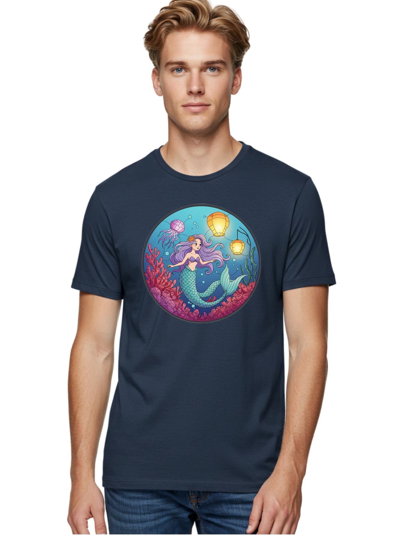 Mermaid-With-Lanterns-1 Men'S Graphic Tee, 100% Cotton, Comfortable Casual Summer Wear, Machine Washable, Vintage Camera, Old Camera, Antique Camera, Black Camera, Classic Photography, Photography Equipment, Nostalgic Device, Film Camera, Baj112