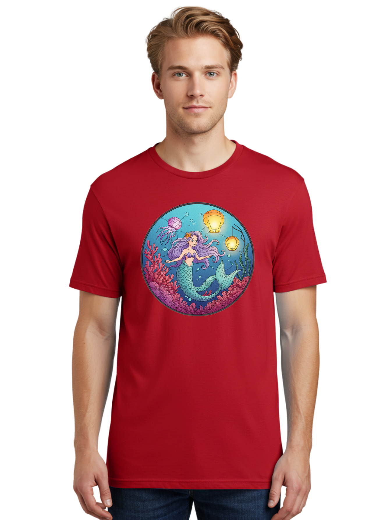 Mermaid-With-Lanterns-1 Men'S Graphic Tee, 100% Cotton, Comfortable Casual Summer Wear, Machine Washable, Vintage Camera, Old Camera, Antique Camera, Black Camera, Classic Photography, Photography Equipment, Nostalgic Device, Film Camera, Baj112