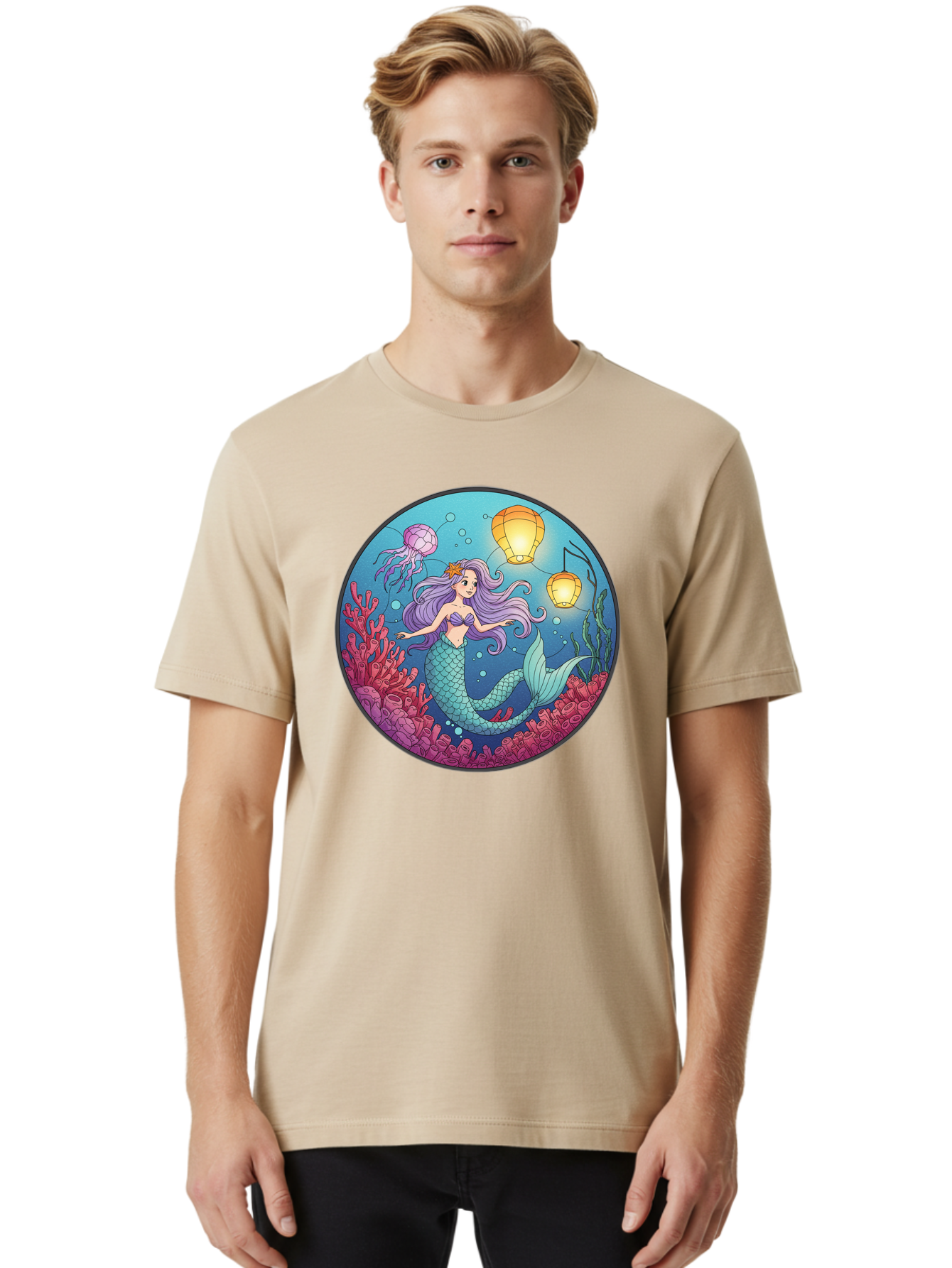 Mermaid-With-Lanterns-1 Men'S Graphic Tee, 100% Cotton, Comfortable Casual Summer Wear, Machine Washable, Vintage Camera, Old Camera, Antique Camera, Black Camera, Classic Photography, Photography Equipment, Nostalgic Device, Film Camera, Baj112