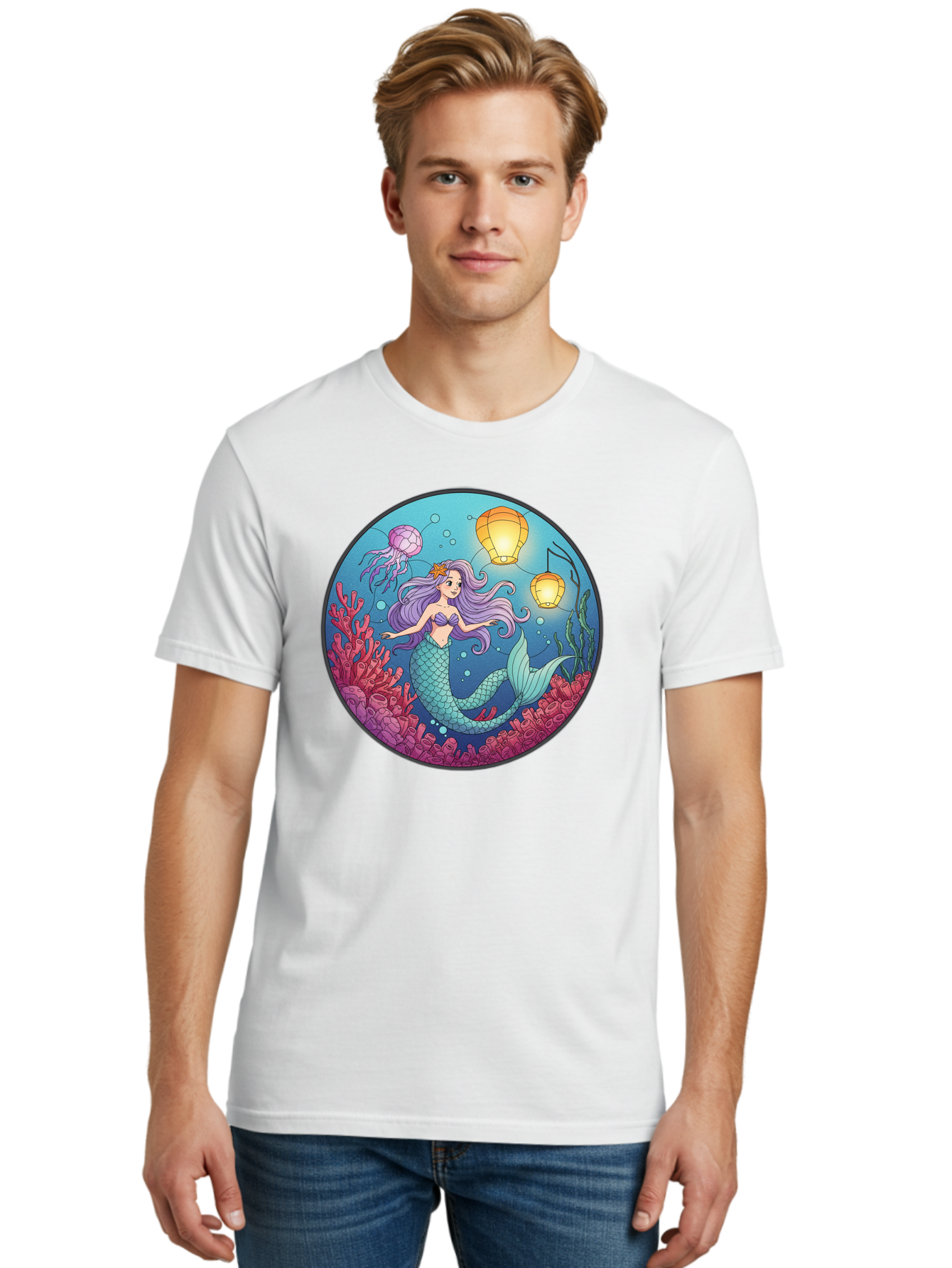 Mermaid-With-Lanterns-1 Men'S Graphic Tee, 100% Cotton, Comfortable Casual Summer Wear, Machine Washable, Vintage Camera, Old Camera, Antique Camera, Black Camera, Classic Photography, Photography Equipment, Nostalgic Device, Film Camera, Baj112