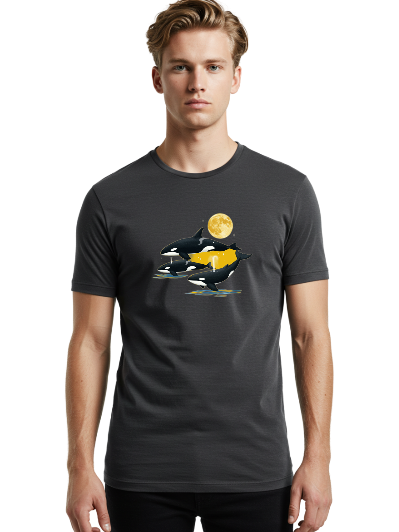Orcas-Under-Moon Men'S Graphic Tee, 100% Cotton, Comfortable Casual Summer Wear, Machine Washable, Vintage Camera, Old Camera, Antique Camera, Black Camera, Classic Photography, Photography Equipment, Nostalgic Device, Film Camera, Camera Art Baj138