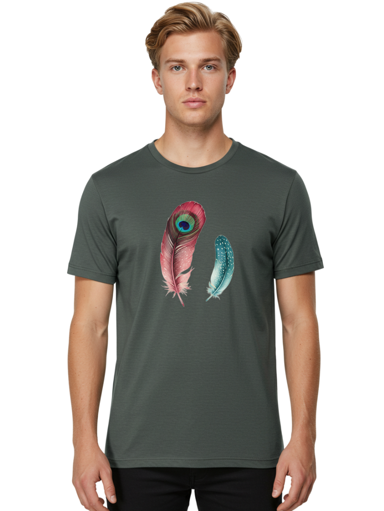 Peacock-Feather-And-Blue-Feather Men'S Graphic Tee, 100% Cotton, Comfortable Casual Summer Wear, Machine Washable, Vintage Camera, Old Camera, Antique Camera, Black Camera, Classic Photography, Photography Equipment, Nostalgic Device, Baj149