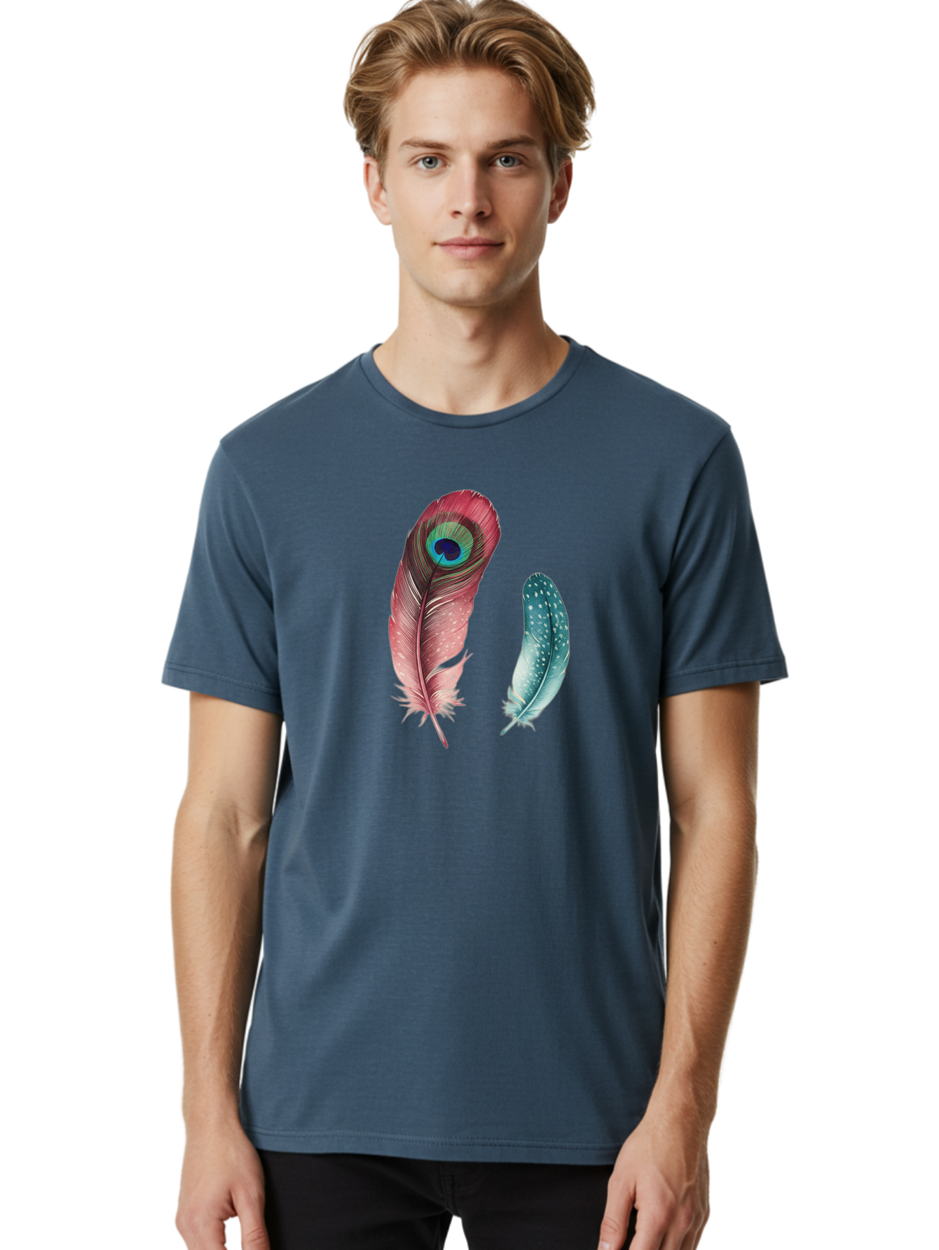 Peacock-Feather-And-Blue-Feather Men'S Graphic Tee, 100% Cotton, Comfortable Casual Summer Wear, Machine Washable, Vintage Camera, Old Camera, Antique Camera, Black Camera, Classic Photography, Photography Equipment, Nostalgic Device, Baj149