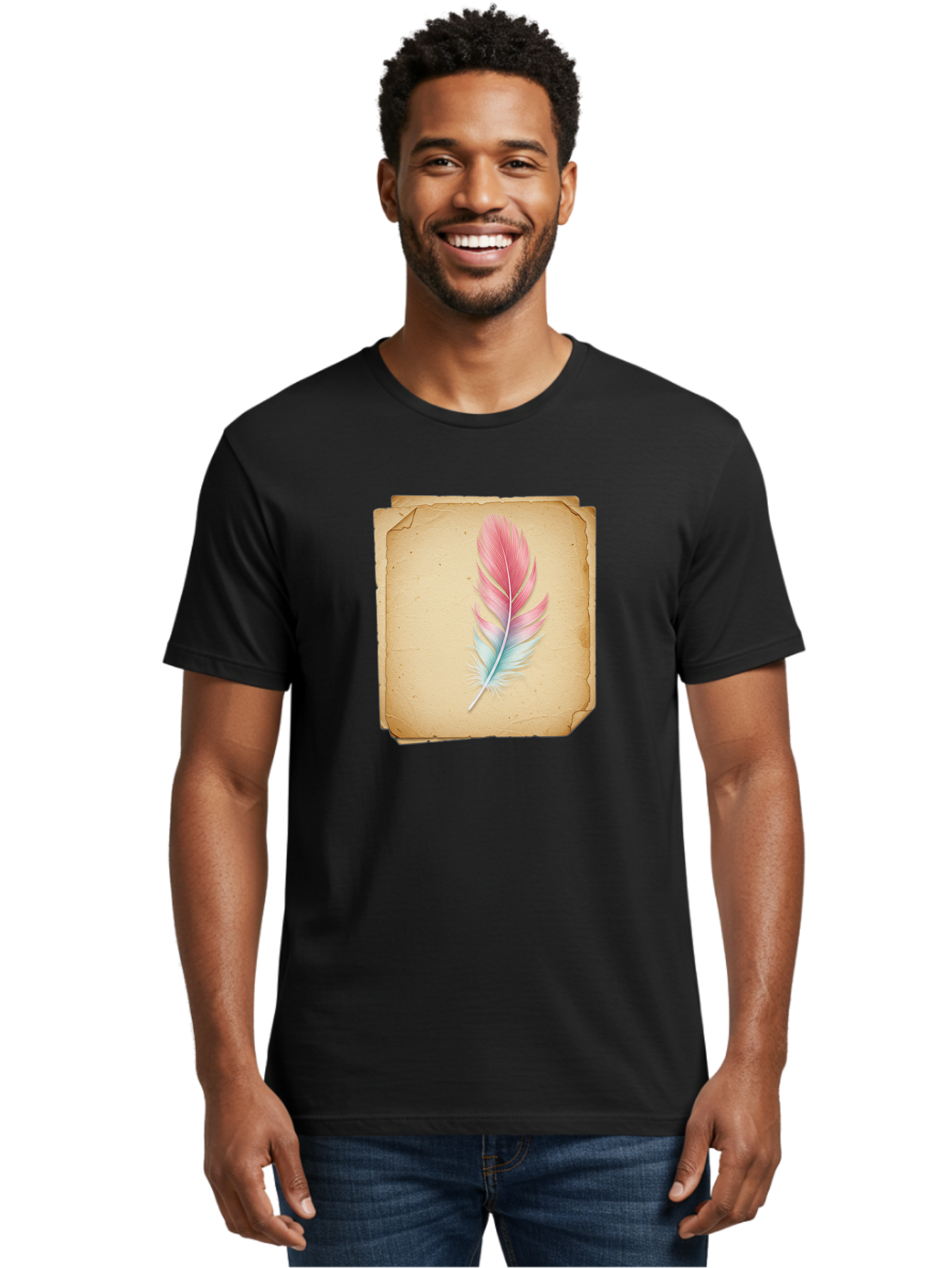 Pink-And-Blue-Feather Men'S Graphic Tee, 100% Cotton, Comfortable Casual Summer Wear, Machine Washable, Vintage Camera, Old Camera, Antique Camera, Black Camera, Classic Photography, Photography Equipment, Nostalgic Device, Film Camera, Baj163