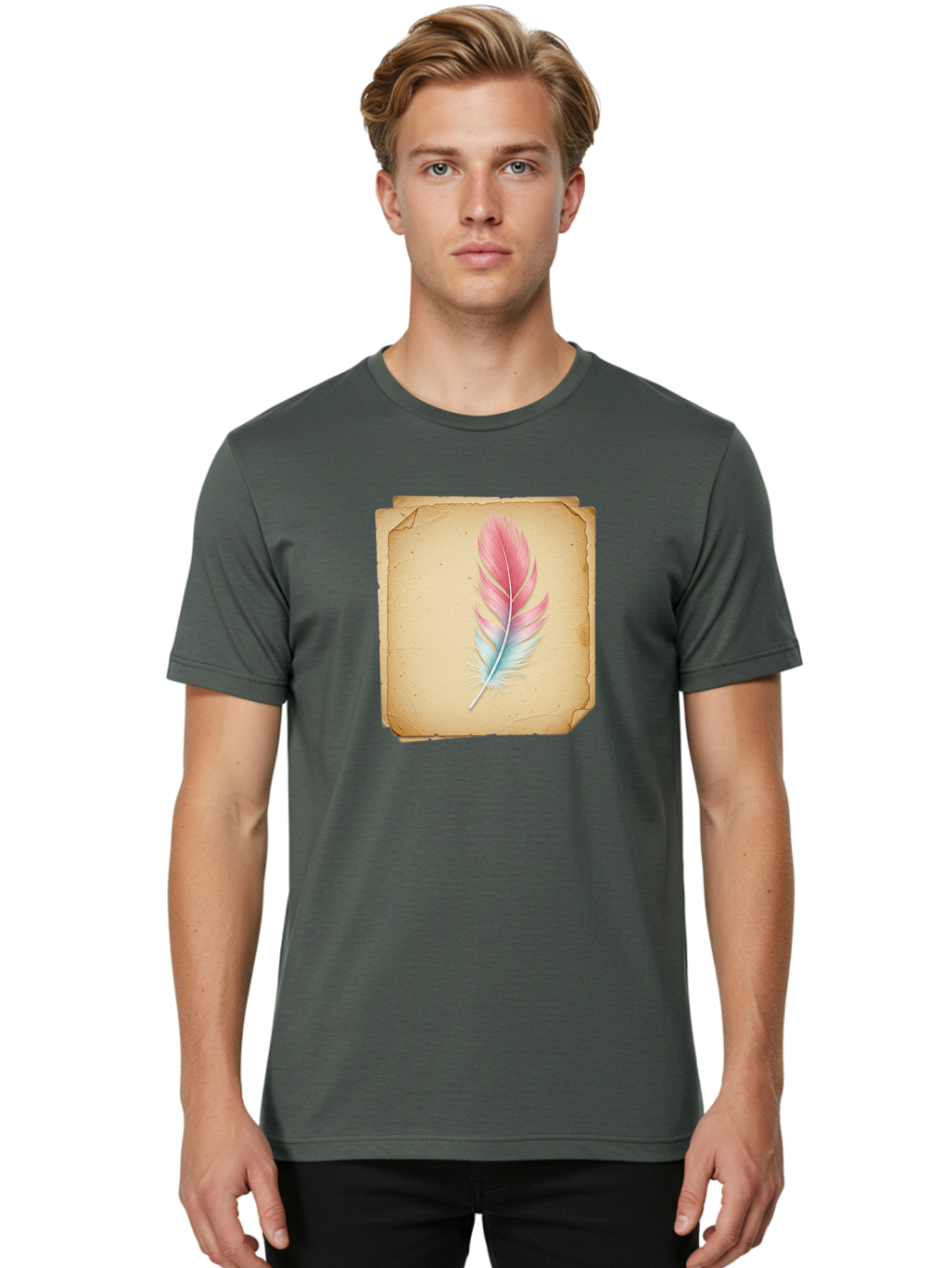 Pink-And-Blue-Feather Men'S Graphic Tee, 100% Cotton, Comfortable Casual Summer Wear, Machine Washable, Vintage Camera, Old Camera, Antique Camera, Black Camera, Classic Photography, Photography Equipment, Nostalgic Device, Film Camera, Baj163
