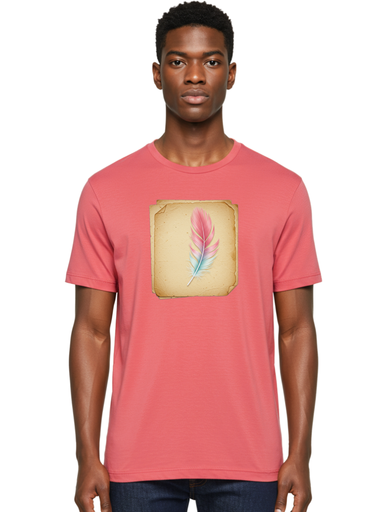 Pink-And-Blue-Feather Men'S Graphic Tee, 100% Cotton, Comfortable Casual Summer Wear, Machine Washable, Vintage Camera, Old Camera, Antique Camera, Black Camera, Classic Photography, Photography Equipment, Nostalgic Device, Film Camera, Baj163