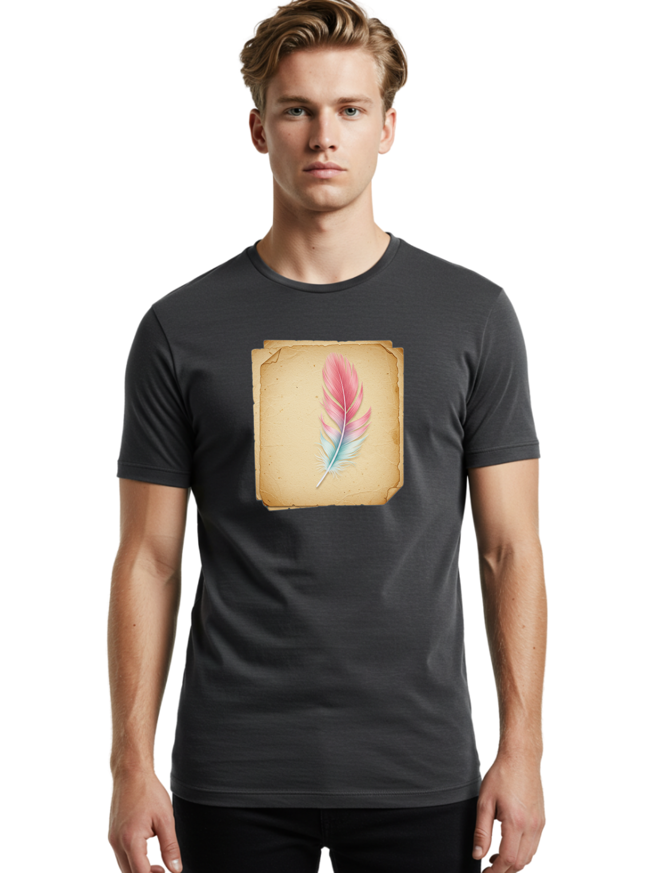 Pink-And-Blue-Feather Men'S Graphic Tee, 100% Cotton, Comfortable Casual Summer Wear, Machine Washable, Vintage Camera, Old Camera, Antique Camera, Black Camera, Classic Photography, Photography Equipment, Nostalgic Device, Film Camera, Baj163