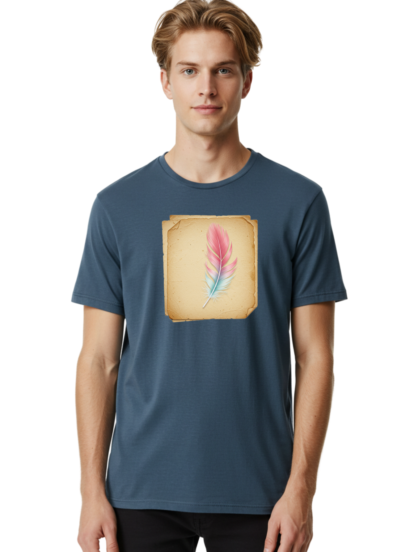 Pink-And-Blue-Feather Men'S Graphic Tee, 100% Cotton, Comfortable Casual Summer Wear, Machine Washable, Vintage Camera, Old Camera, Antique Camera, Black Camera, Classic Photography, Photography Equipment, Nostalgic Device, Film Camera, Baj163