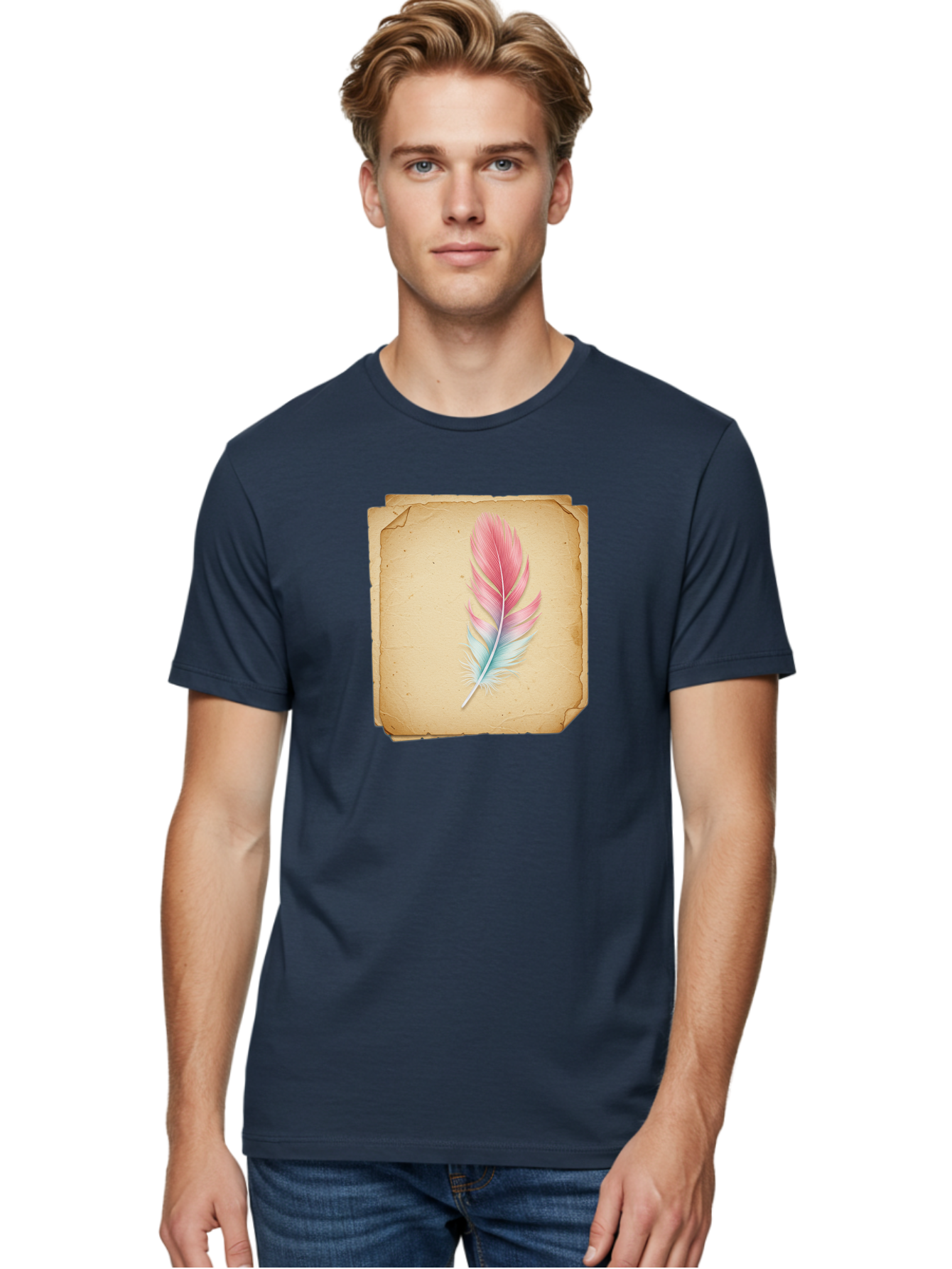 Pink-And-Blue-Feather Men'S Graphic Tee, 100% Cotton, Comfortable Casual Summer Wear, Machine Washable, Vintage Camera, Old Camera, Antique Camera, Black Camera, Classic Photography, Photography Equipment, Nostalgic Device, Film Camera, Baj163