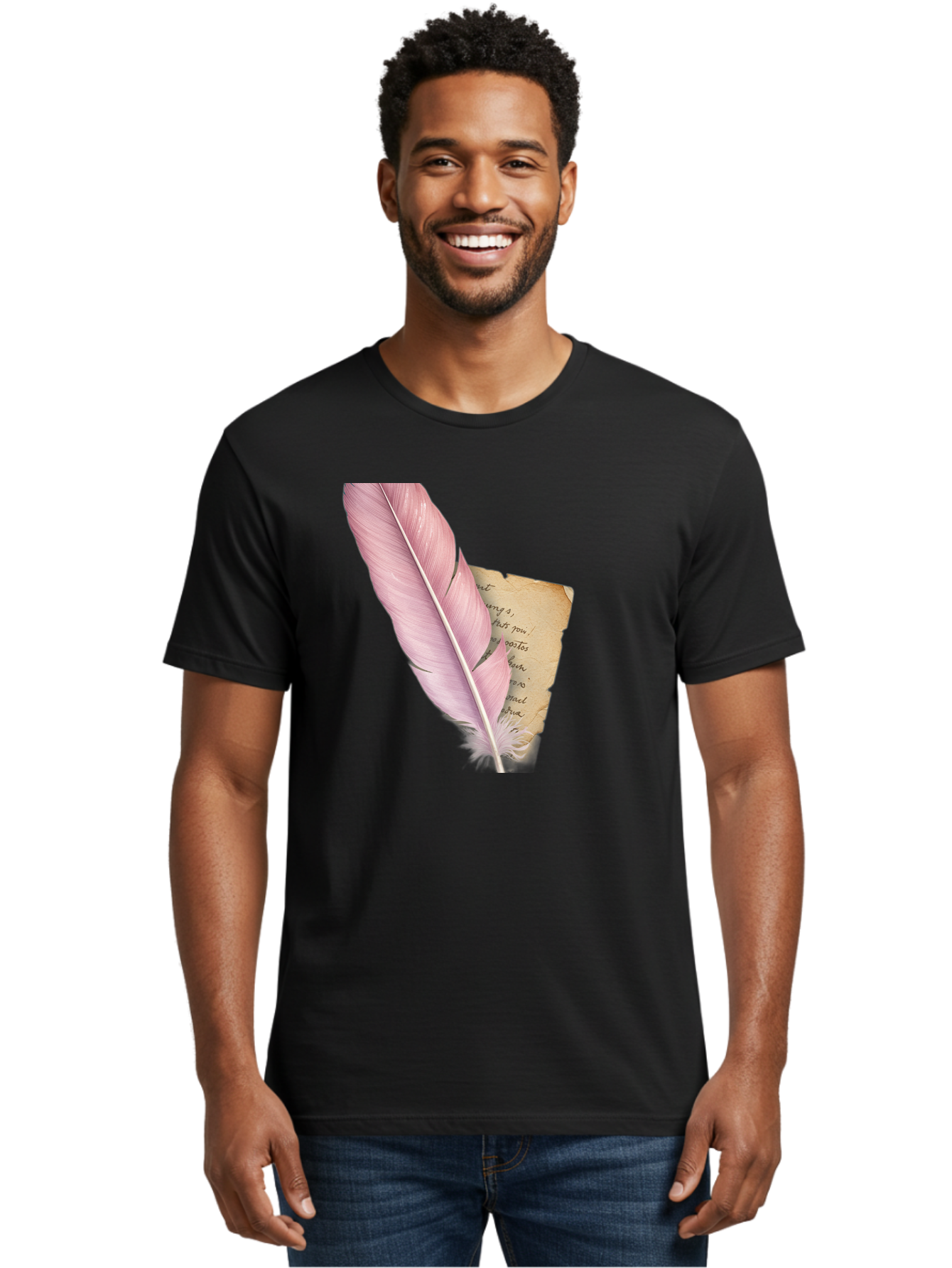 Pink-Feather-Quill-Pen Men'S Graphic Tee, 100% Cotton, Comfortable Casual Summer Wear, Machine Washable, Vintage Camera, Old Camera, Antique Camera, Black Camera, Classic Photography, Photography Equipment, Nostalgic Device, Film Camera, Baj173