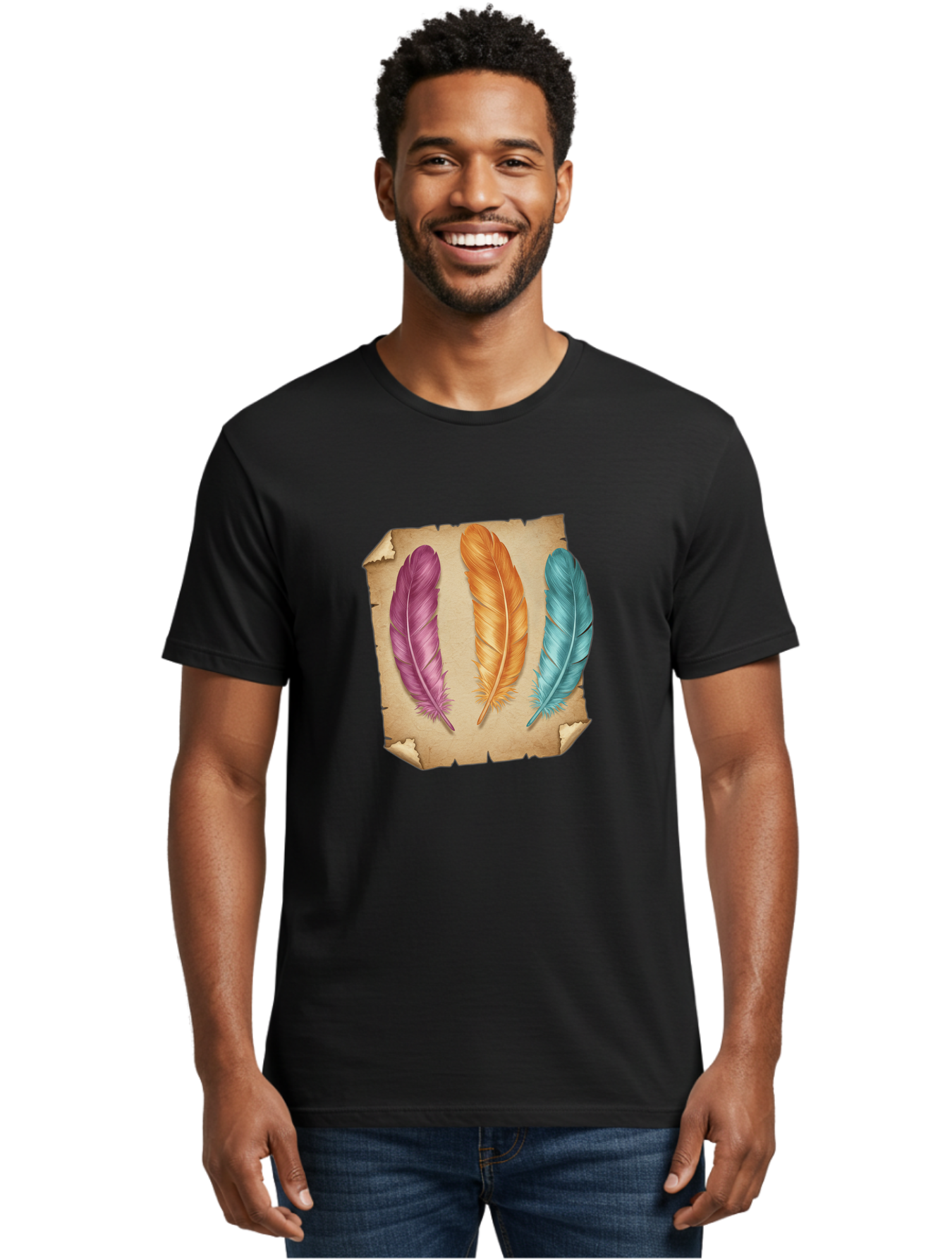 Purple-Orange-Blue-Feather Men'S Graphic Tee, 100% Cotton, Comfortable Casual Summer Wear, Machine Washable, Vintage Camera, Old Camera, Antique Camera, Black Camera, Classic Photography, Photography Equipment, Nostalgic Device, Film Camera, Baj206