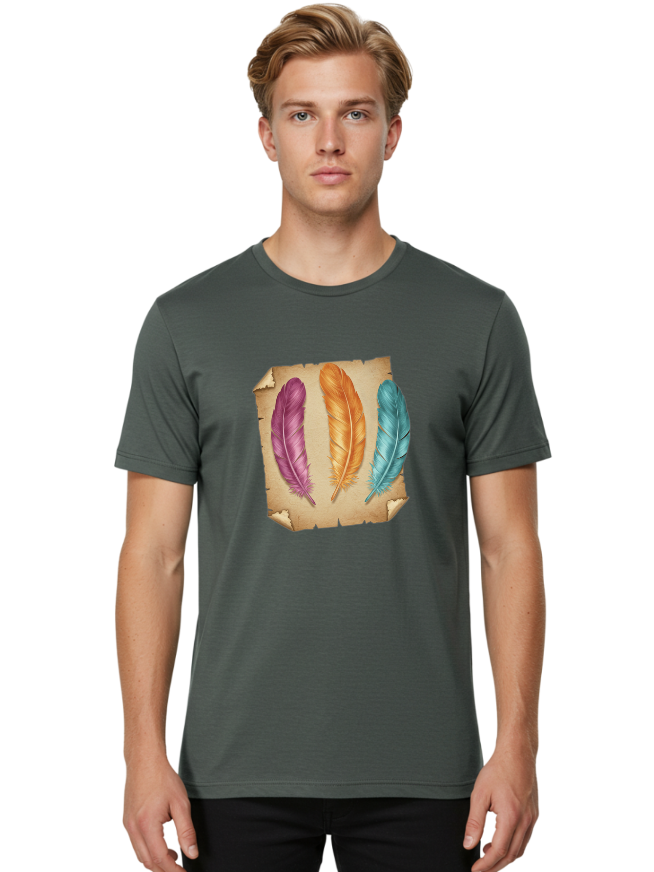 Purple-Orange-Blue-Feather Men'S Graphic Tee, 100% Cotton, Comfortable Casual Summer Wear, Machine Washable, Vintage Camera, Old Camera, Antique Camera, Black Camera, Classic Photography, Photography Equipment, Nostalgic Device, Film Camera, Baj206