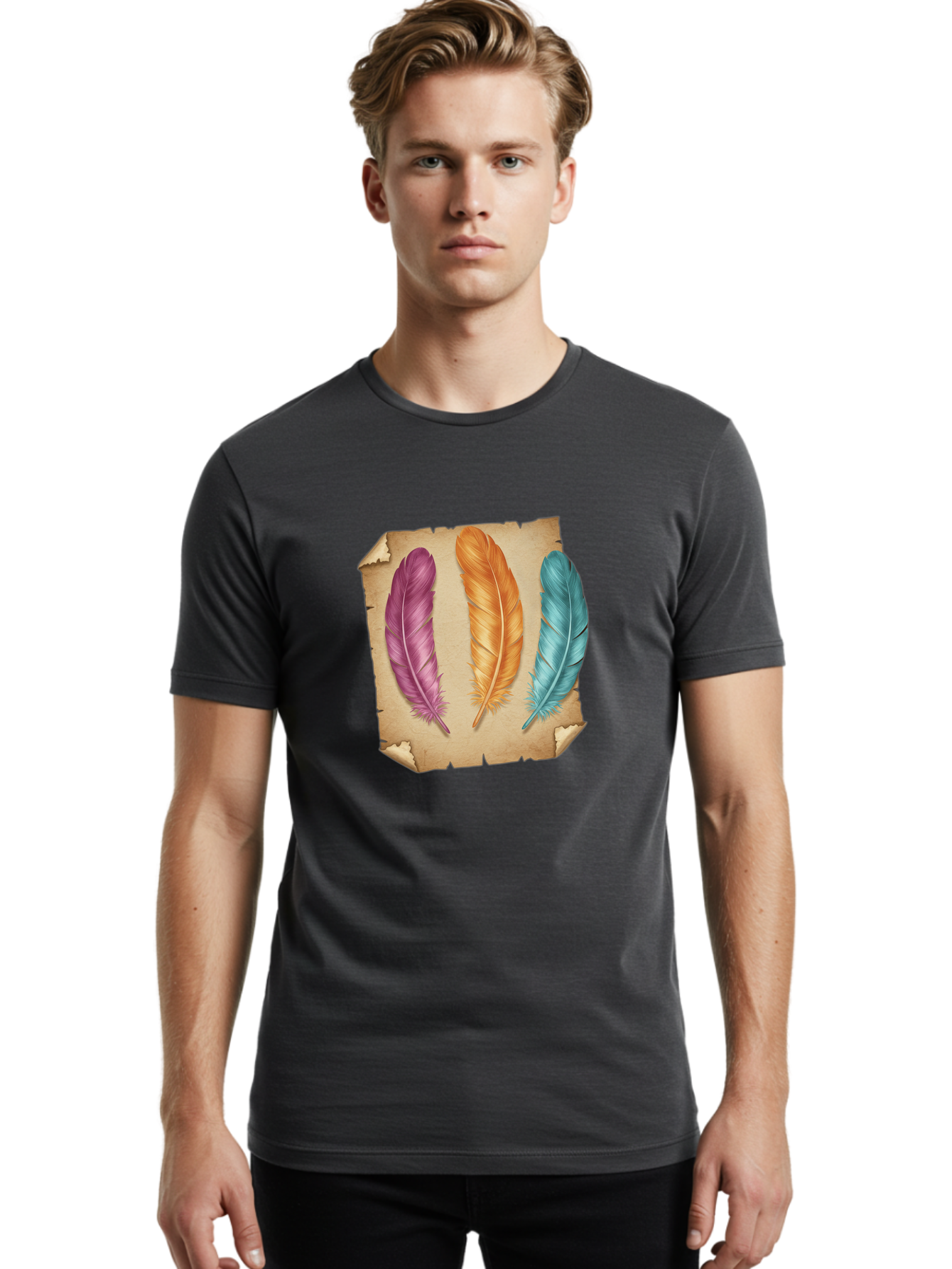 Purple-Orange-Blue-Feather Men'S Graphic Tee, 100% Cotton, Comfortable Casual Summer Wear, Machine Washable, Vintage Camera, Old Camera, Antique Camera, Black Camera, Classic Photography, Photography Equipment, Nostalgic Device, Film Camera, Baj206