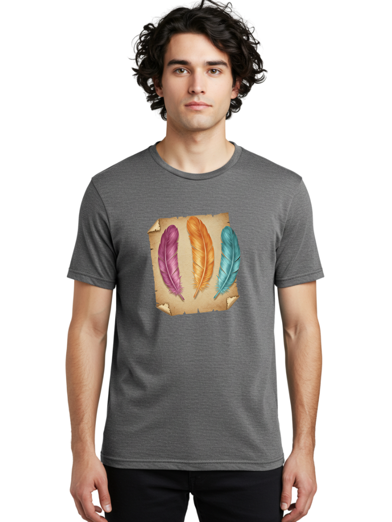 Purple-Orange-Blue-Feather Men'S Graphic Tee, 100% Cotton, Comfortable Casual Summer Wear, Machine Washable, Vintage Camera, Old Camera, Antique Camera, Black Camera, Classic Photography, Photography Equipment, Nostalgic Device, Film Camera, Baj206
