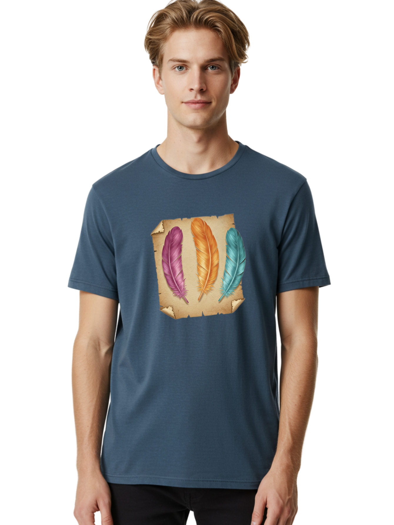 Purple-Orange-Blue-Feather Men'S Graphic Tee, 100% Cotton, Comfortable Casual Summer Wear, Machine Washable, Vintage Camera, Old Camera, Antique Camera, Black Camera, Classic Photography, Photography Equipment, Nostalgic Device, Film Camera, Baj206