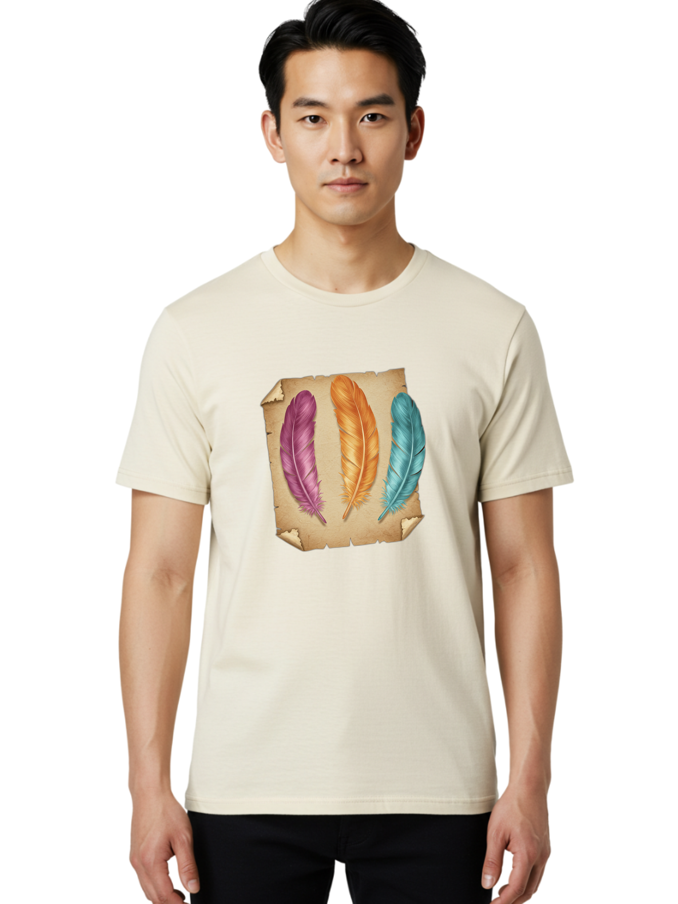Purple-Orange-Blue-Feather Men'S Graphic Tee, 100% Cotton, Comfortable Casual Summer Wear, Machine Washable, Vintage Camera, Old Camera, Antique Camera, Black Camera, Classic Photography, Photography Equipment, Nostalgic Device, Film Camera, Baj206