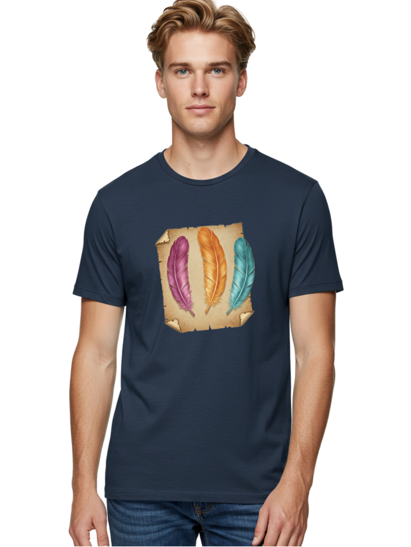 Purple-Orange-Blue-Feather Men'S Graphic Tee, 100% Cotton, Comfortable Casual Summer Wear, Machine Washable, Vintage Camera, Old Camera, Antique Camera, Black Camera, Classic Photography, Photography Equipment, Nostalgic Device, Film Camera, Baj206