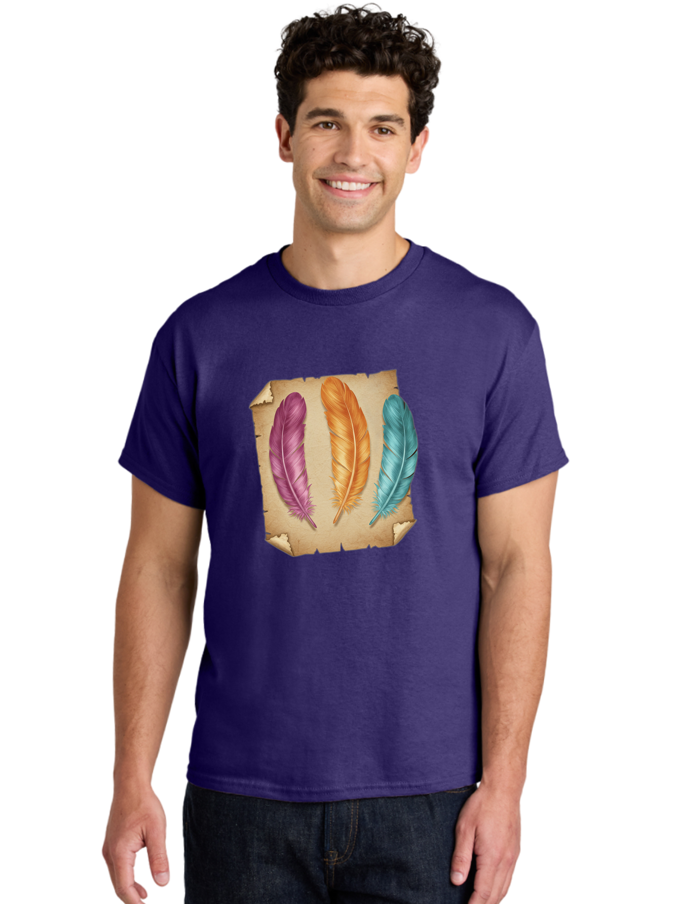 Purple-Orange-Blue-Feather Men'S Graphic Tee, 100% Cotton, Comfortable Casual Summer Wear, Machine Washable, Vintage Camera, Old Camera, Antique Camera, Black Camera, Classic Photography, Photography Equipment, Nostalgic Device, Film Camera, Baj206
