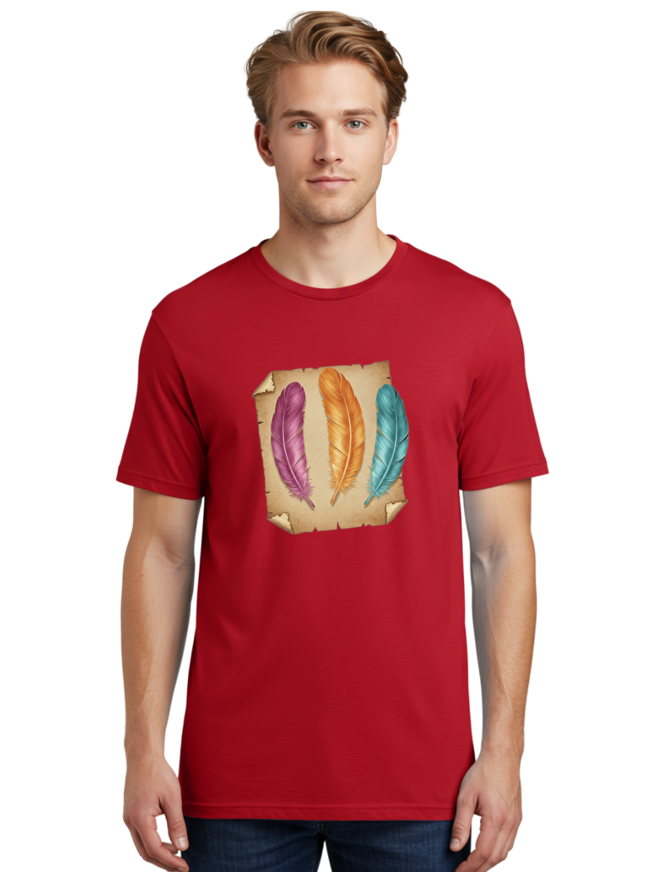 Purple-Orange-Blue-Feather Men'S Graphic Tee, 100% Cotton, Comfortable Casual Summer Wear, Machine Washable, Vintage Camera, Old Camera, Antique Camera, Black Camera, Classic Photography, Photography Equipment, Nostalgic Device, Film Camera, Baj206