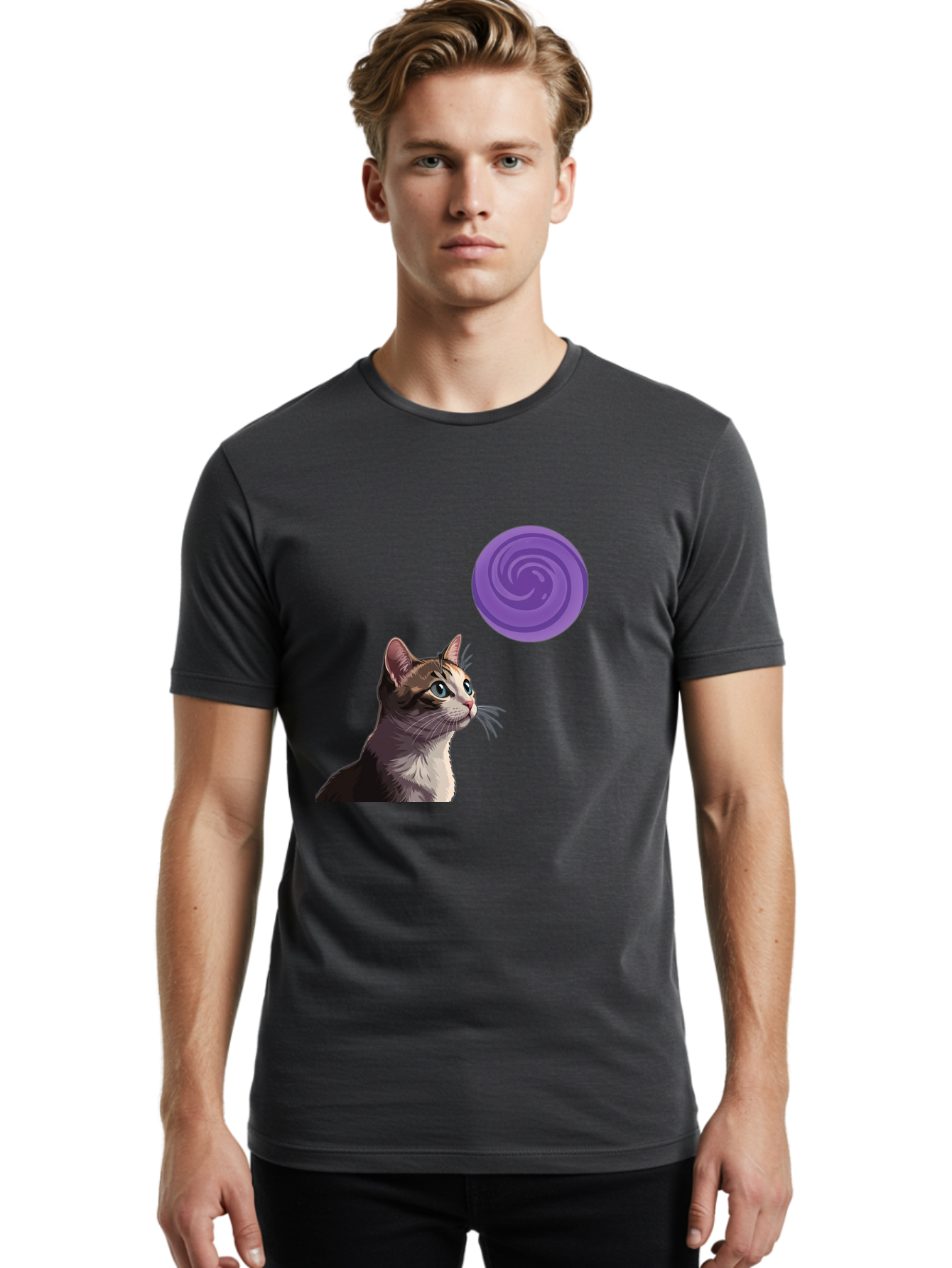 Purple-Swirl-Cat Men'S Graphic Tee, 100% Cotton, Comfortable Casual Summer Wear, Machine Washable, Vintage Camera, Old Camera, Antique Camera, Black Camera, Classic Photography, Photography Equipment, Nostalgic Device, Film Camera, Camera Art Baj207