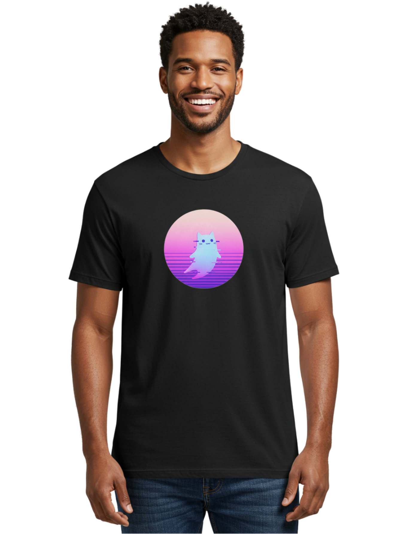 Vaporwave-Cat-1 Men'S Graphic Tee, 100% Cotton, Comfortable Casual Summer Wear, Machine Washable, Vintage Camera, Old Camera, Antique Camera, Black Camera, Classic Photography, Photography Equipment, Nostalgic Device, Film Camera, Camera Art Baj289