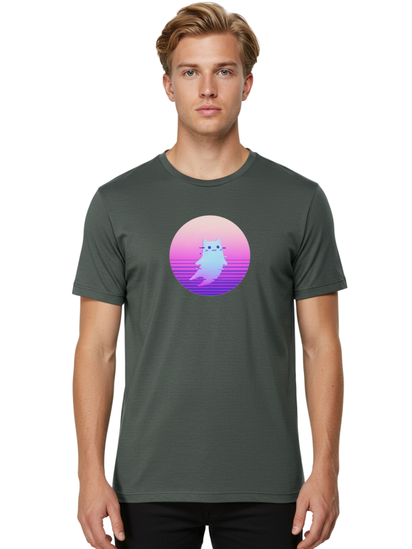 Vaporwave-Cat-1 Men'S Graphic Tee, 100% Cotton, Comfortable Casual Summer Wear, Machine Washable, Vintage Camera, Old Camera, Antique Camera, Black Camera, Classic Photography, Photography Equipment, Nostalgic Device, Film Camera, Camera Art Baj289