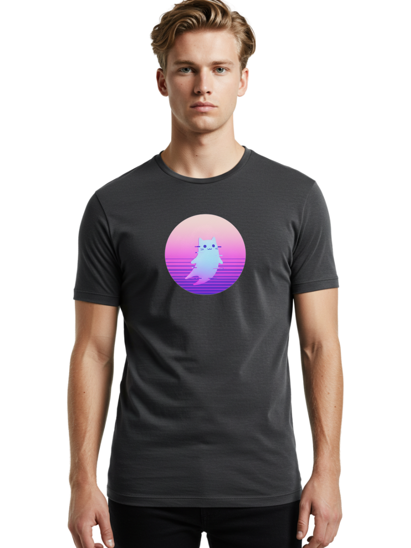 Vaporwave-Cat-1 Men'S Graphic Tee, 100% Cotton, Comfortable Casual Summer Wear, Machine Washable, Vintage Camera, Old Camera, Antique Camera, Black Camera, Classic Photography, Photography Equipment, Nostalgic Device, Film Camera, Camera Art Baj289