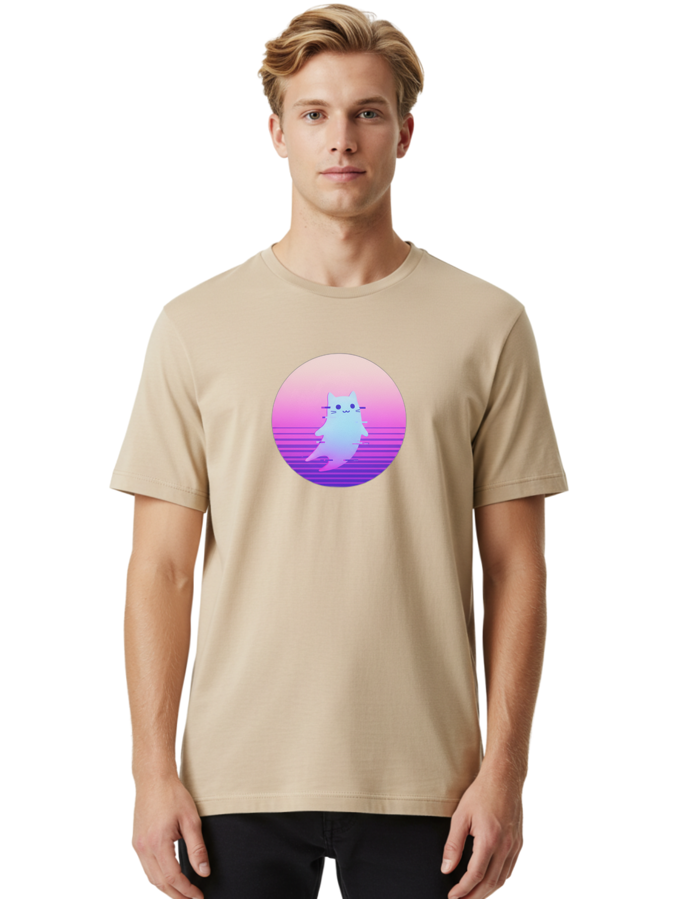 Vaporwave-Cat-1 Men'S Graphic Tee, 100% Cotton, Comfortable Casual Summer Wear, Machine Washable, Vintage Camera, Old Camera, Antique Camera, Black Camera, Classic Photography, Photography Equipment, Nostalgic Device, Film Camera, Camera Art Baj289