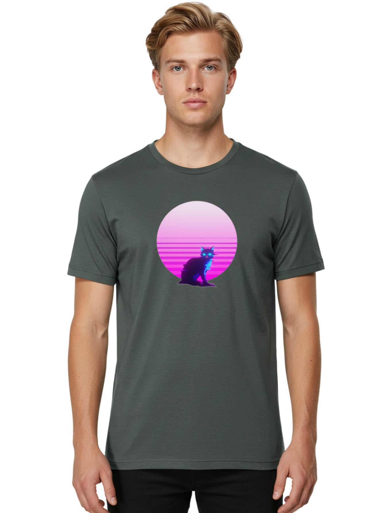 Vaporwave-Cat Men'S Graphic Tee, 100% Cotton, Comfortable Casual Summer Wear, Machine Washable, Vintage Camera, Old Camera, Antique Camera, Black Camera, Classic Photography, Photography Equipment, Nostalgic Device, Film Camera, Camera Art Baj290