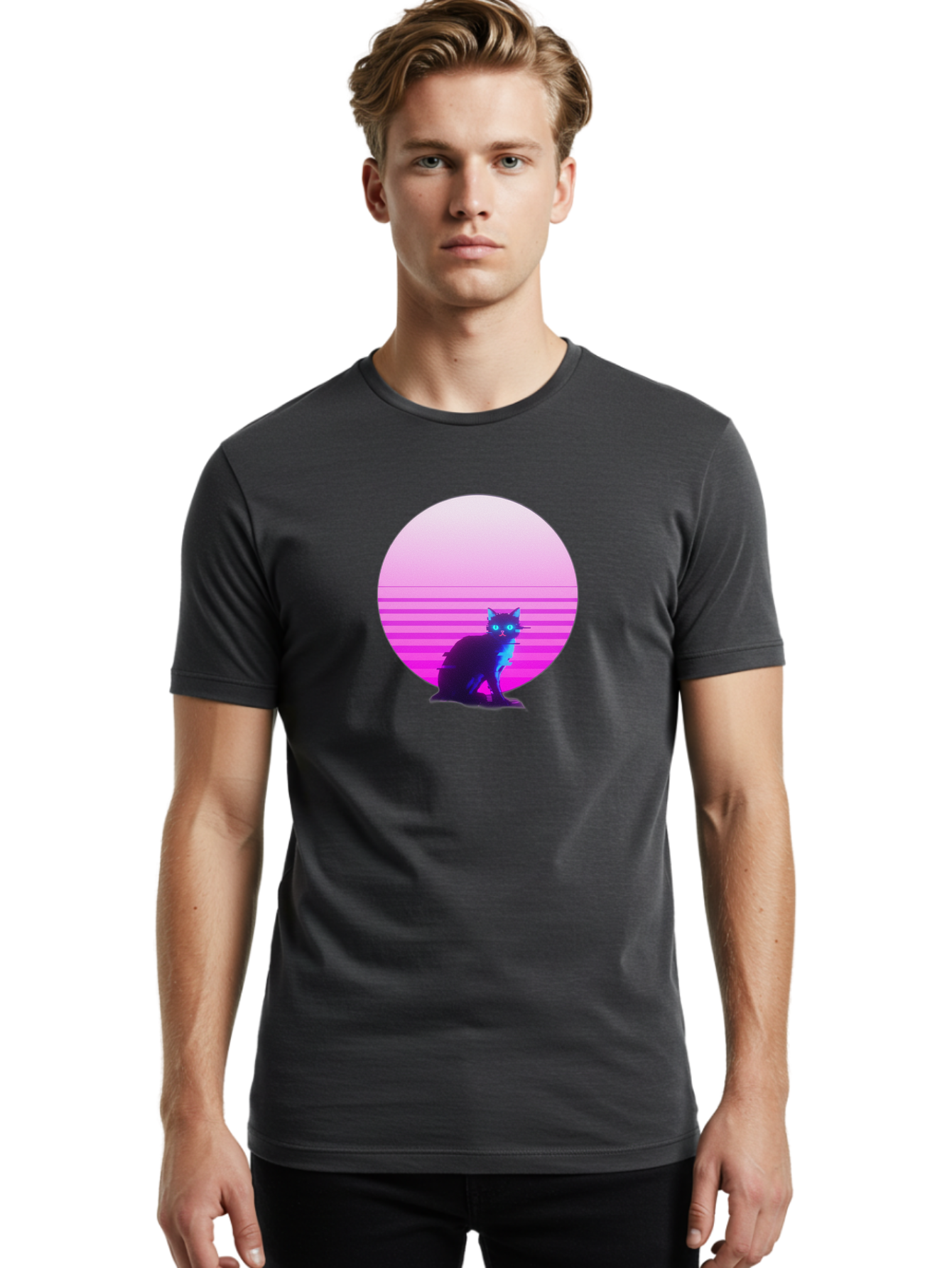 Vaporwave-Cat Men'S Graphic Tee, 100% Cotton, Comfortable Casual Summer Wear, Machine Washable, Vintage Camera, Old Camera, Antique Camera, Black Camera, Classic Photography, Photography Equipment, Nostalgic Device, Film Camera, Camera Art Baj290