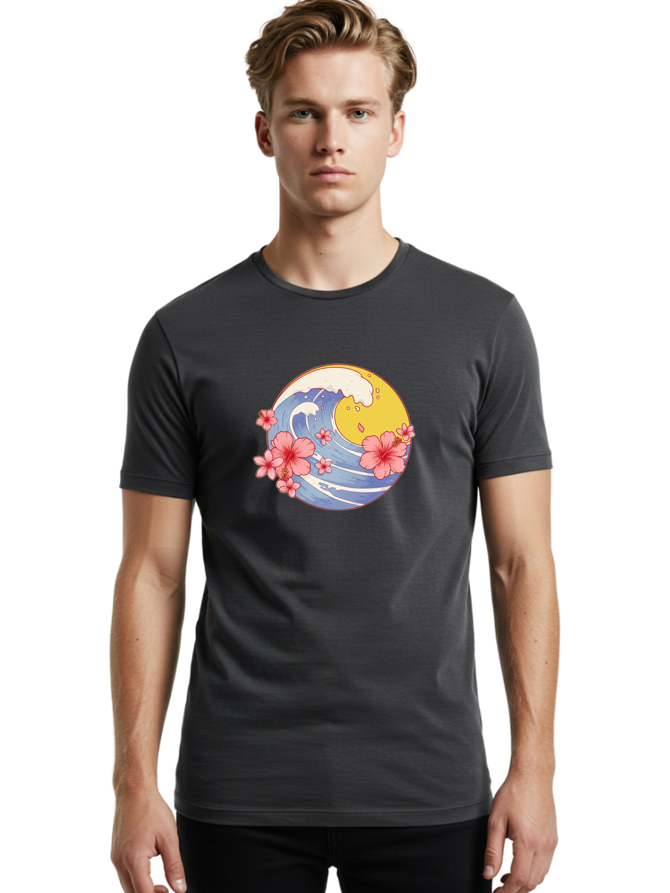 Wave-And-Cherry-Blossoms Men'S Graphic Tee, 100% Cotton, Comfortable Casual Summer Wear, Machine Washable, Vintage Camera, Old Camera, Antique Camera, Black Camera, Classic Photography, Photography Equipment, Nostalgic Device, Film Camera, Baj294