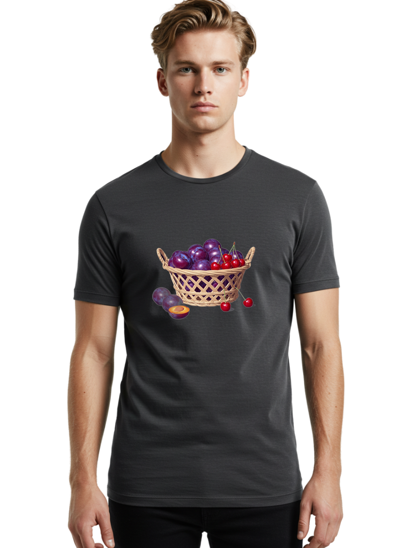 Wicker-Basket-Of-Plums-And-Cherries Men'S Graphic Tee, 100% Cotton, Comfortable Casual Summer Wear, Machine Washable, Vintage Camera, Old Camera, Antique Camera, Black Camera, Classic Photography, Photography Equipment, Nostalgic Device, Baj311