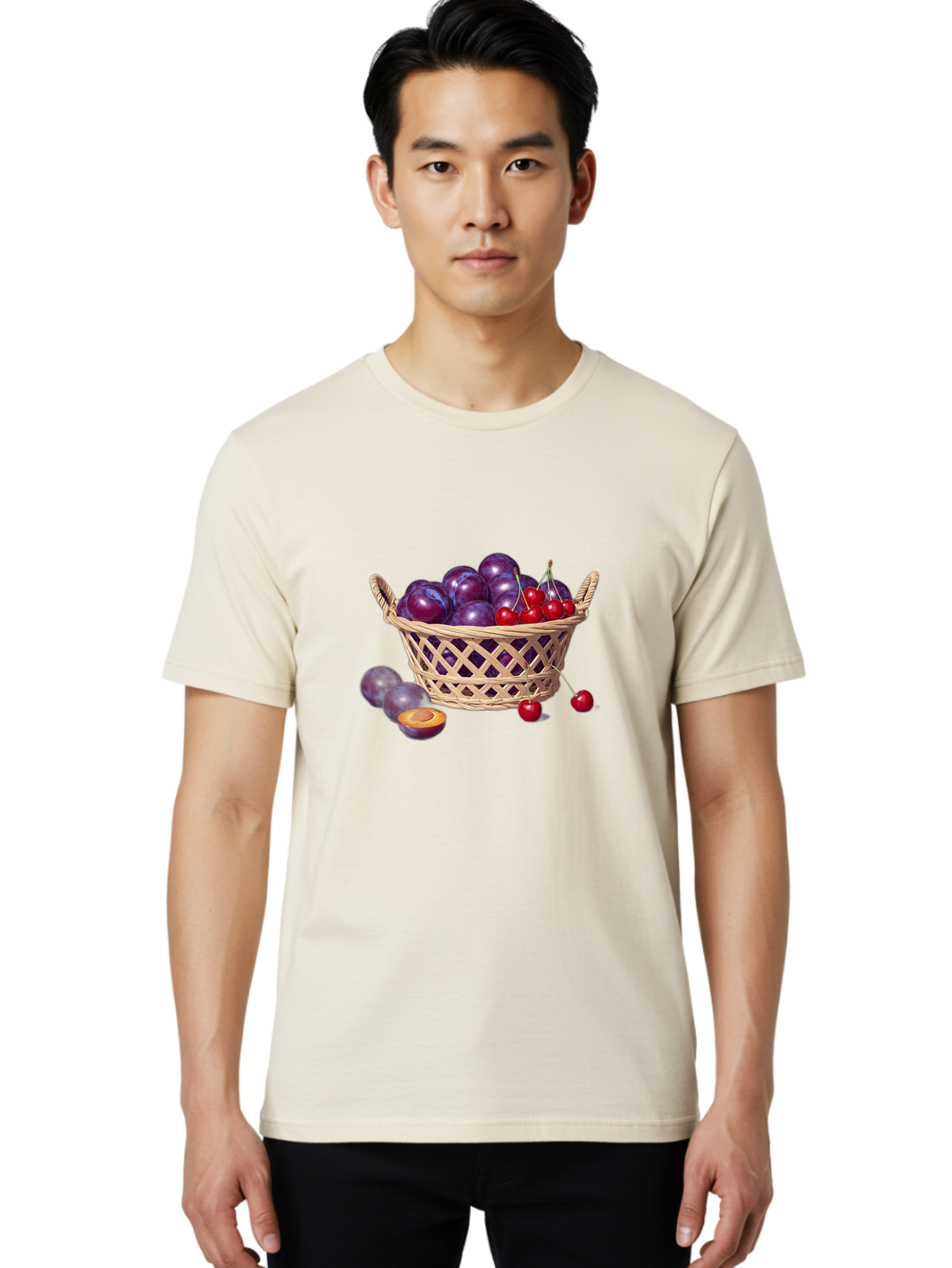Wicker-Basket-Of-Plums-And-Cherries Men'S Graphic Tee, 100% Cotton, Comfortable Casual Summer Wear, Machine Washable, Vintage Camera, Old Camera, Antique Camera, Black Camera, Classic Photography, Photography Equipment, Nostalgic Device, Baj311