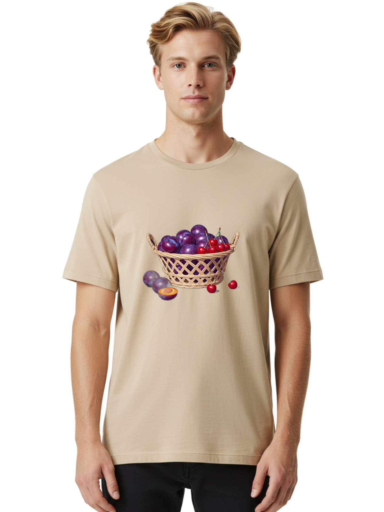 Wicker-Basket-Of-Plums-And-Cherries Men'S Graphic Tee, 100% Cotton, Comfortable Casual Summer Wear, Machine Washable, Vintage Camera, Old Camera, Antique Camera, Black Camera, Classic Photography, Photography Equipment, Nostalgic Device, Baj311