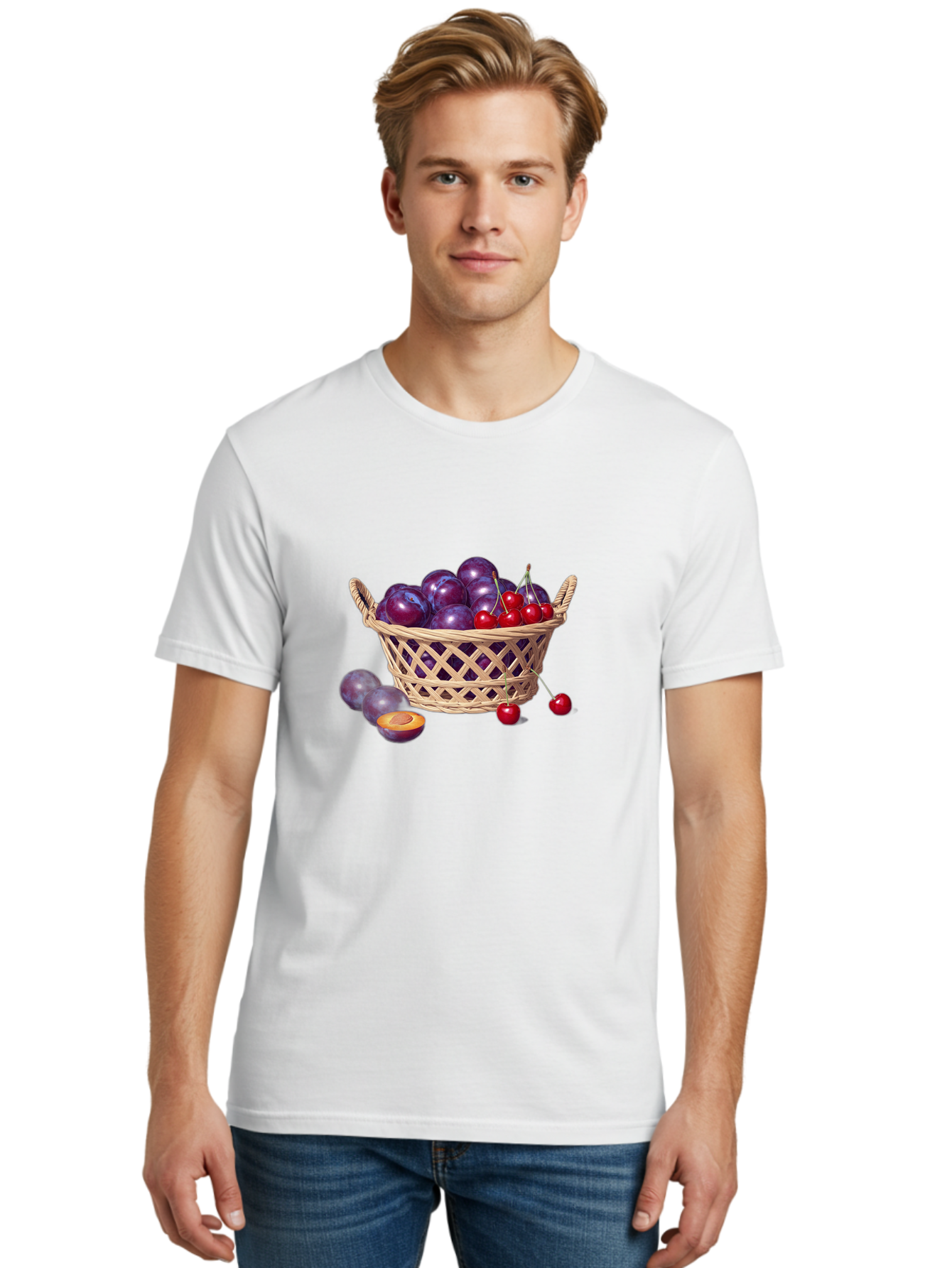 Wicker-Basket-Of-Plums-And-Cherries Men'S Graphic Tee, 100% Cotton, Comfortable Casual Summer Wear, Machine Washable, Vintage Camera, Old Camera, Antique Camera, Black Camera, Classic Photography, Photography Equipment, Nostalgic Device, Baj311