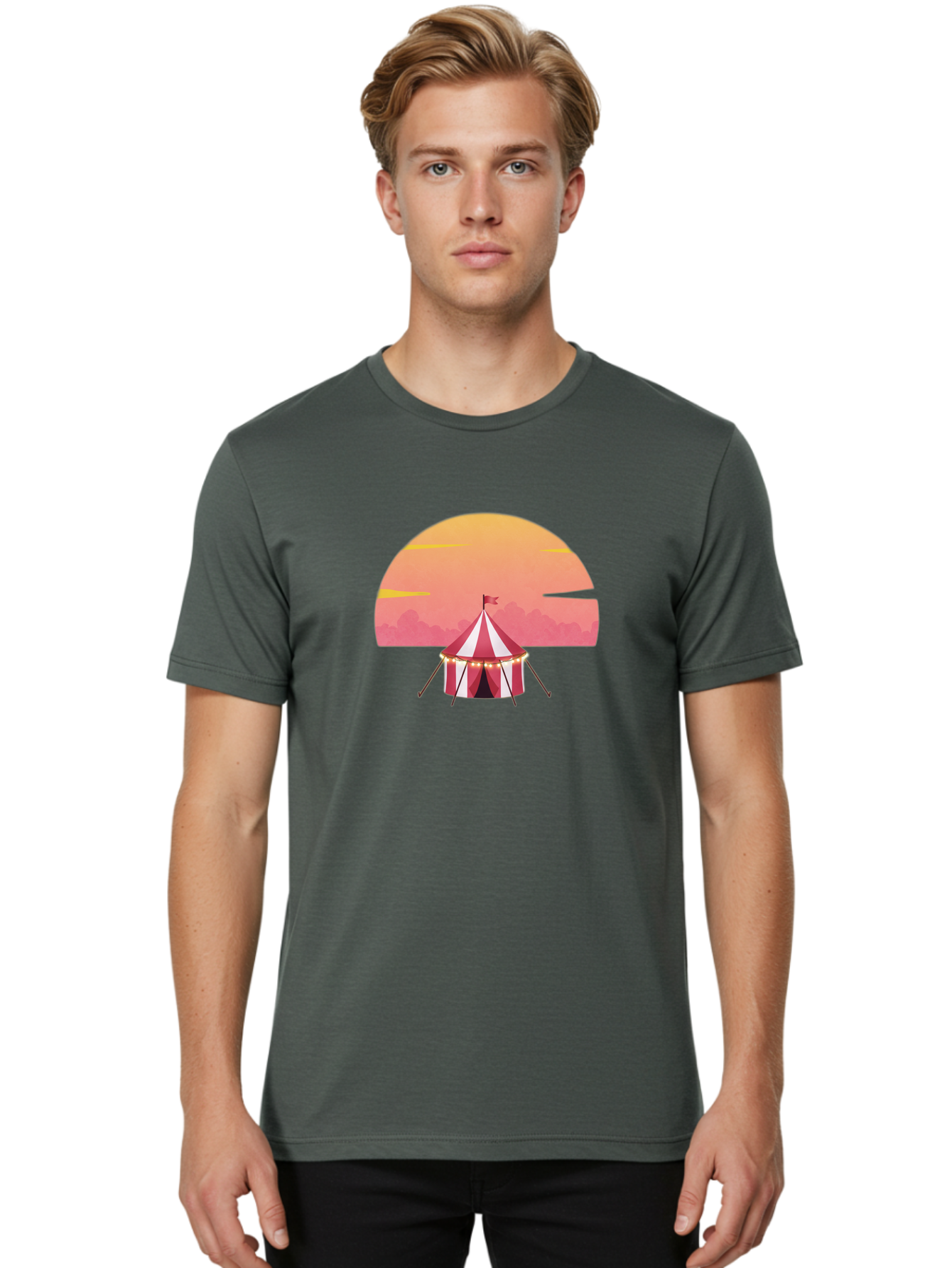 Circus-Tent-At-Sunset Men'S Graphic Tee, 100% Cotton, Comfortable Casual Summer Wear, Machine Washable, Vintage Camera, Old Camera, Antique Camera, Black Camera, Classic Photography, Photography Equipment, Nostalgic Device, Film Camera, Baj403