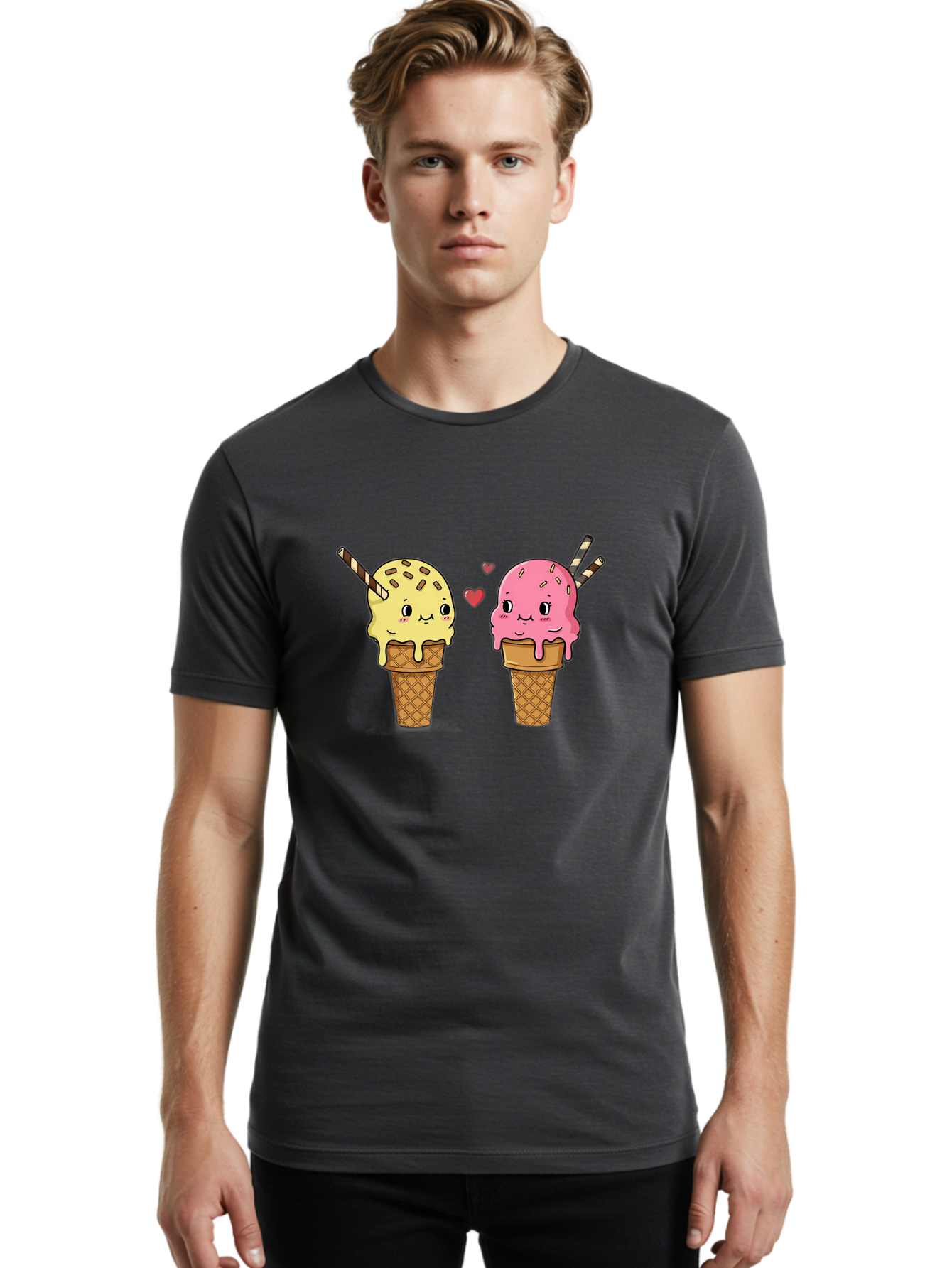 Couple-Ice-Cream Men'S Graphic Tee, 100% Cotton, Comfortable Casual Summer Wear, Machine Washable, Vintage Camera, Old Camera, Antique Camera, Black Camera, Classic Photography, Photography Equipment, Nostalgic Device, Film Camera, Camera Art Baj417