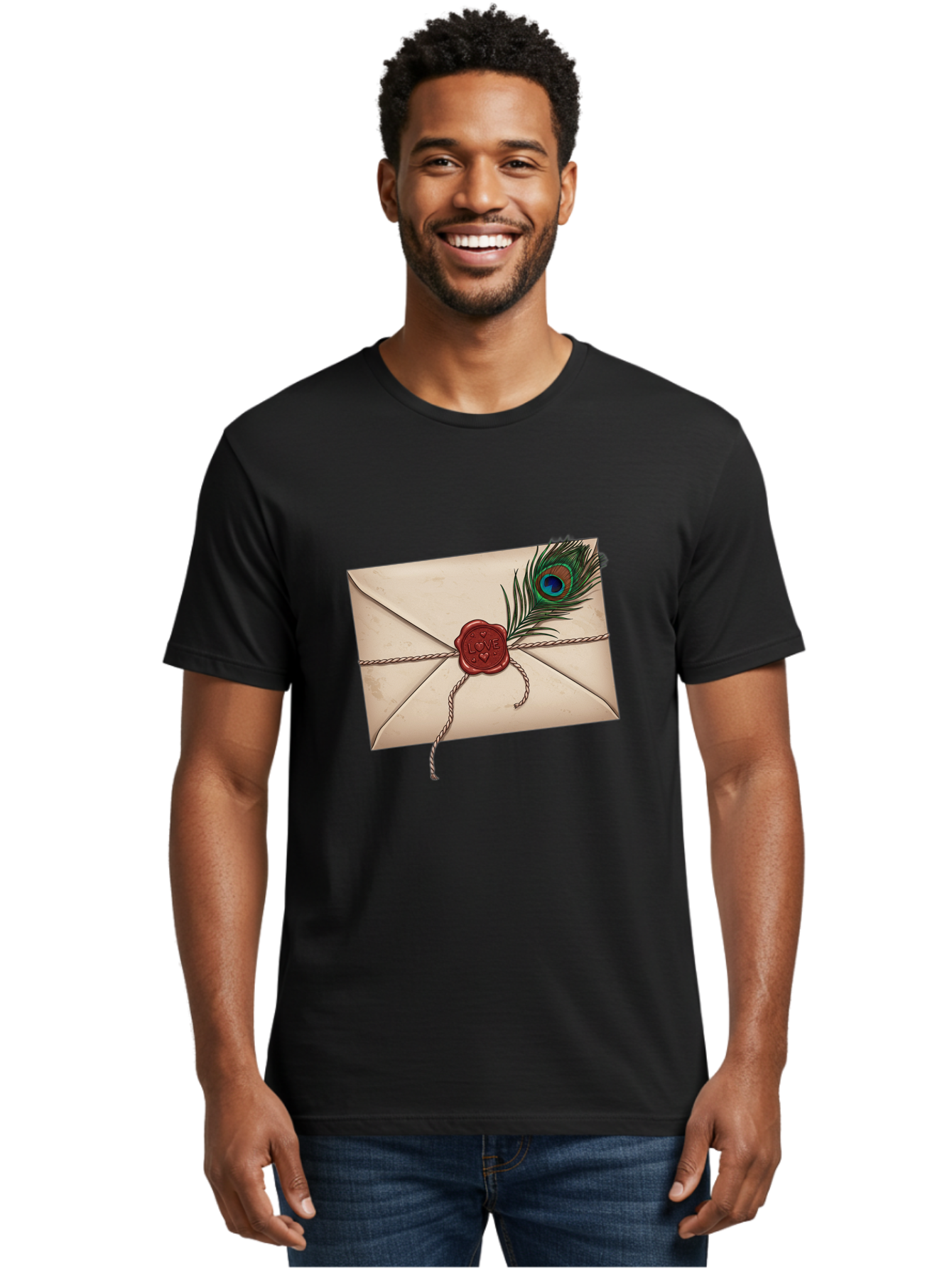 Envelope-With-Peacock-Feather-1 Men'S Graphic Tee, 100% Cotton, Comfortable Casual Summer Wear, Machine Washable, Vintage Camera, Old Camera, Antique Camera, Black Camera, Classic Photography, Photography Equipment, Nostalgic Device, Baj463
