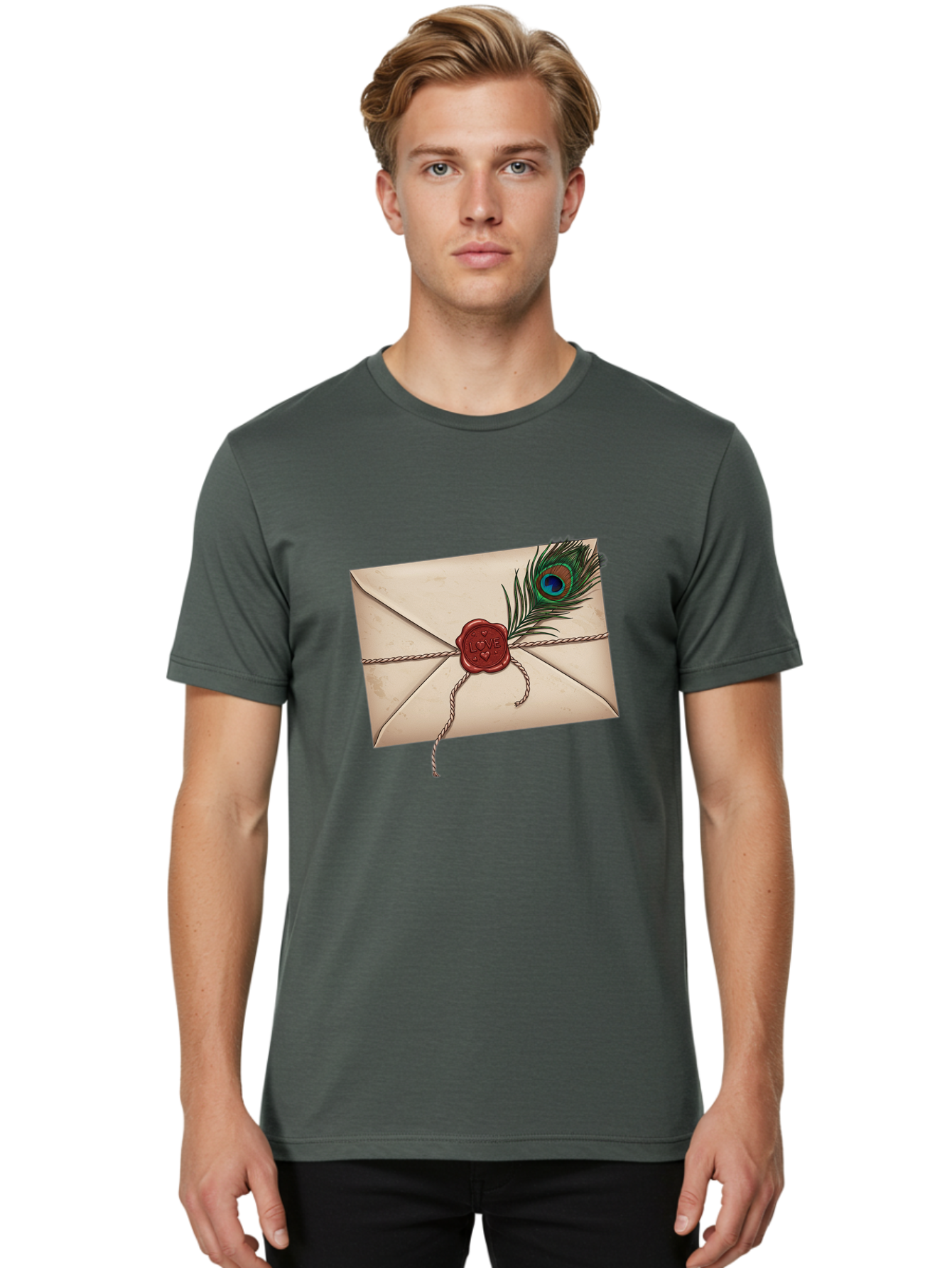Envelope-With-Peacock-Feather-1 Men'S Graphic Tee, 100% Cotton, Comfortable Casual Summer Wear, Machine Washable, Vintage Camera, Old Camera, Antique Camera, Black Camera, Classic Photography, Photography Equipment, Nostalgic Device, Baj463