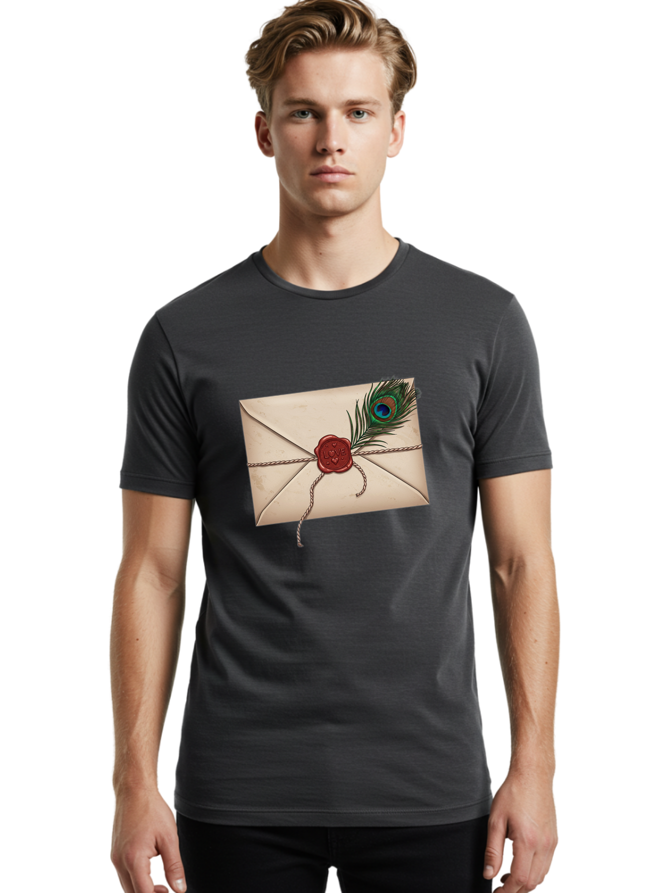 Envelope-With-Peacock-Feather-1 Men'S Graphic Tee, 100% Cotton, Comfortable Casual Summer Wear, Machine Washable, Vintage Camera, Old Camera, Antique Camera, Black Camera, Classic Photography, Photography Equipment, Nostalgic Device, Baj463