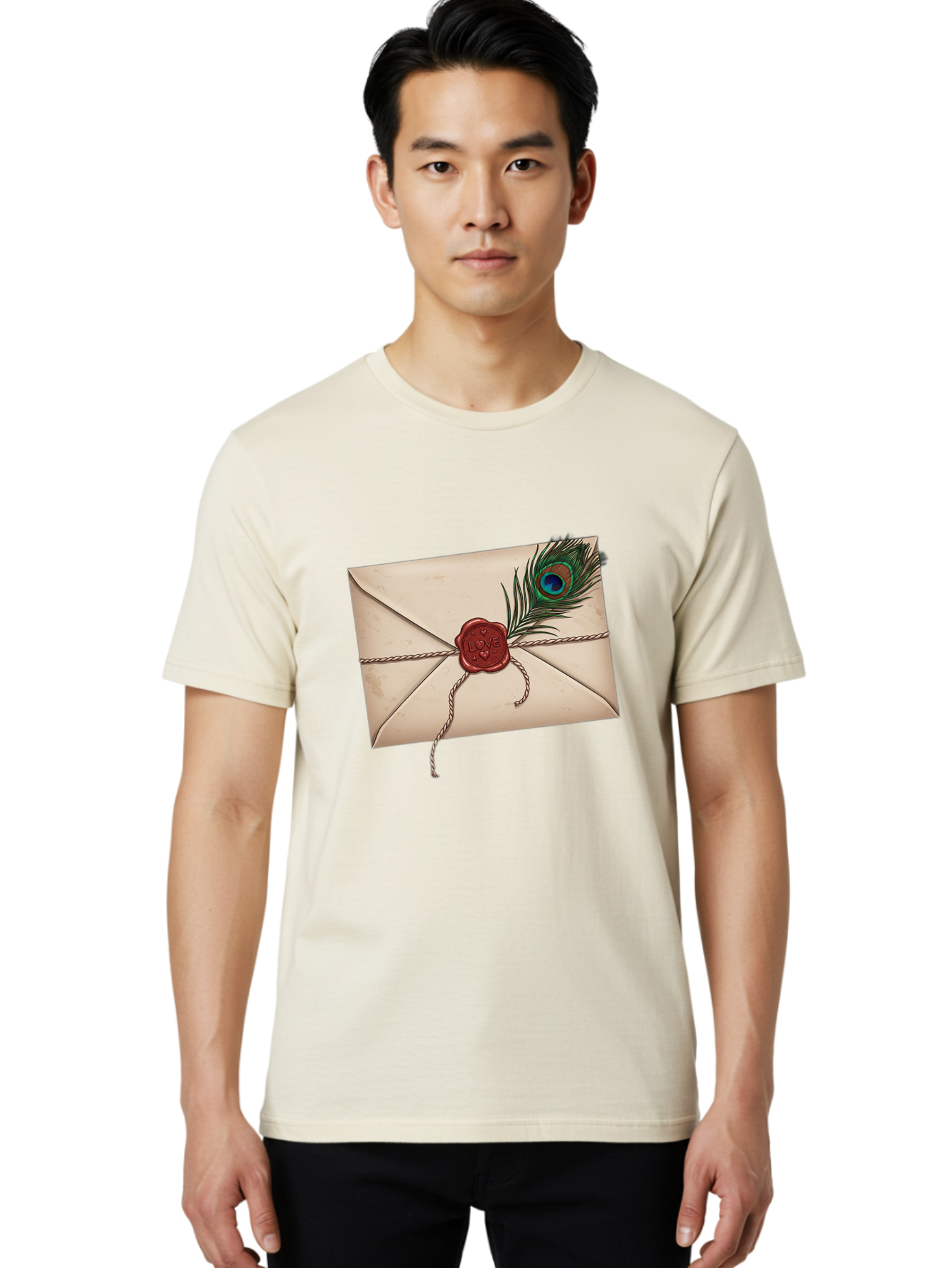 Envelope-With-Peacock-Feather-1 Men'S Graphic Tee, 100% Cotton, Comfortable Casual Summer Wear, Machine Washable, Vintage Camera, Old Camera, Antique Camera, Black Camera, Classic Photography, Photography Equipment, Nostalgic Device, Baj463