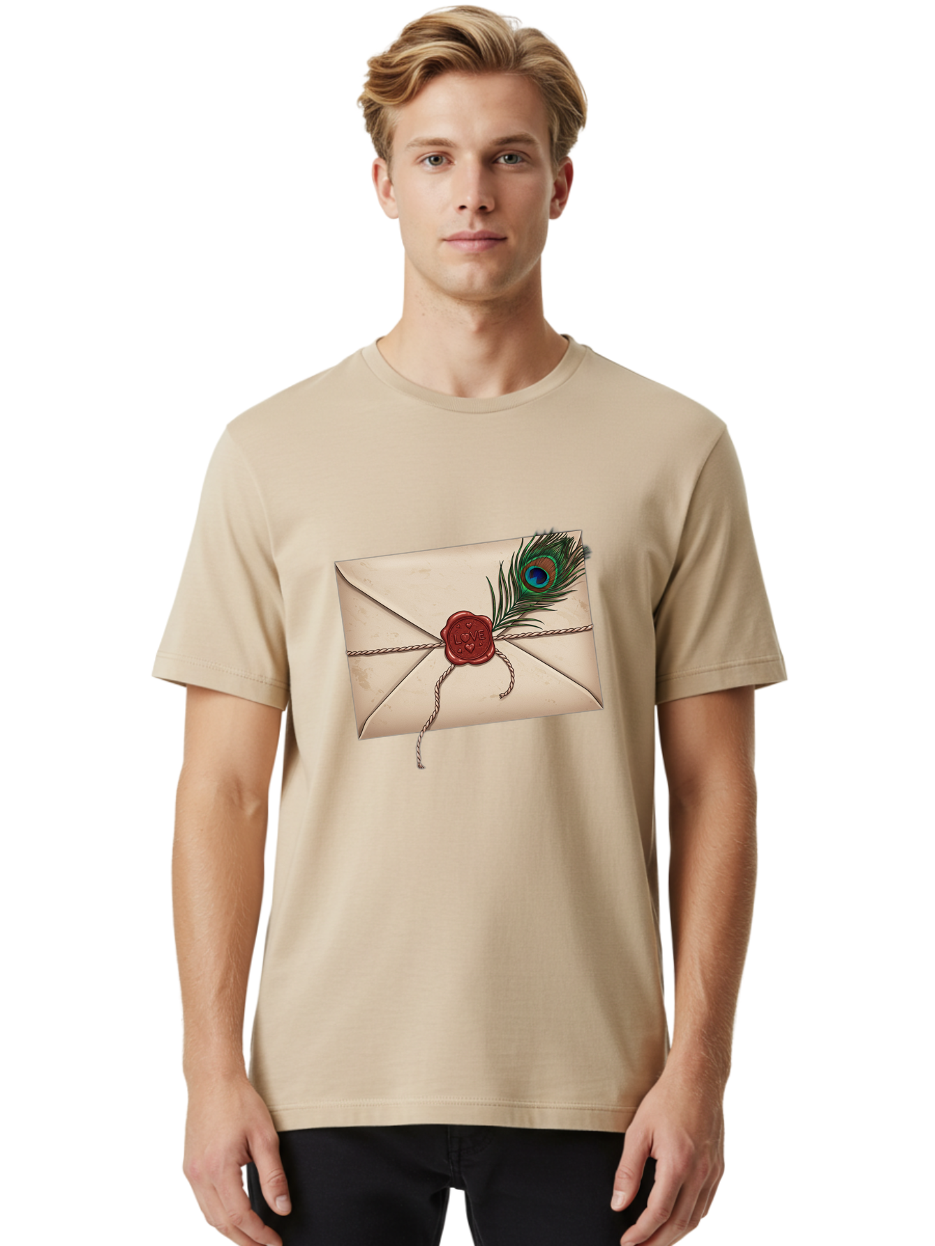 Envelope-With-Peacock-Feather-1 Men'S Graphic Tee, 100% Cotton, Comfortable Casual Summer Wear, Machine Washable, Vintage Camera, Old Camera, Antique Camera, Black Camera, Classic Photography, Photography Equipment, Nostalgic Device, Baj463