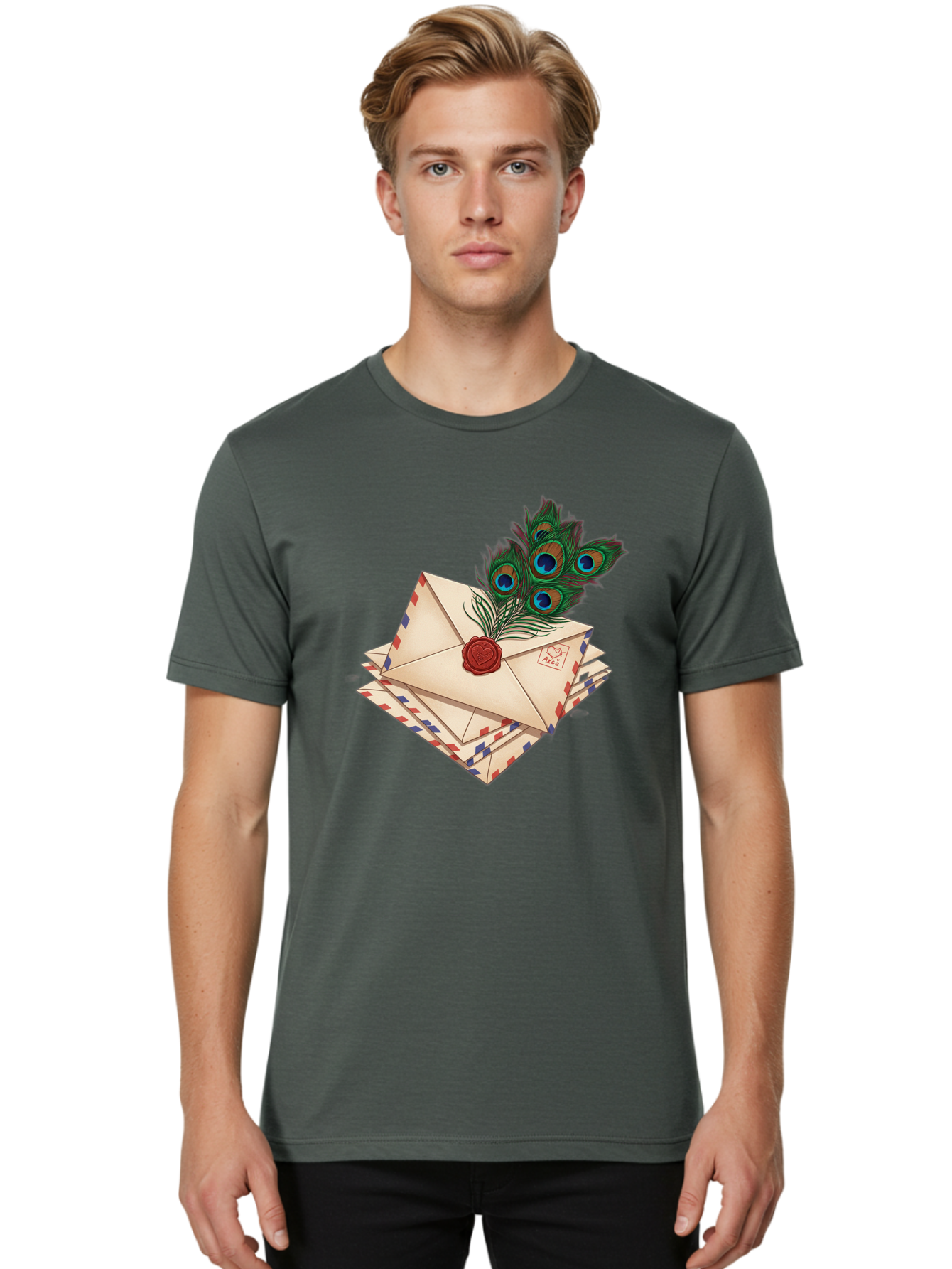 Envelope-With-Peacock-Feather Men'S Graphic Tee, 100% Cotton, Comfortable Casual Summer Wear, Machine Washable, Vintage Camera, Old Camera, Antique Camera, Black Camera, Classic Photography, Photography Equipment, Nostalgic Device, Baj464
